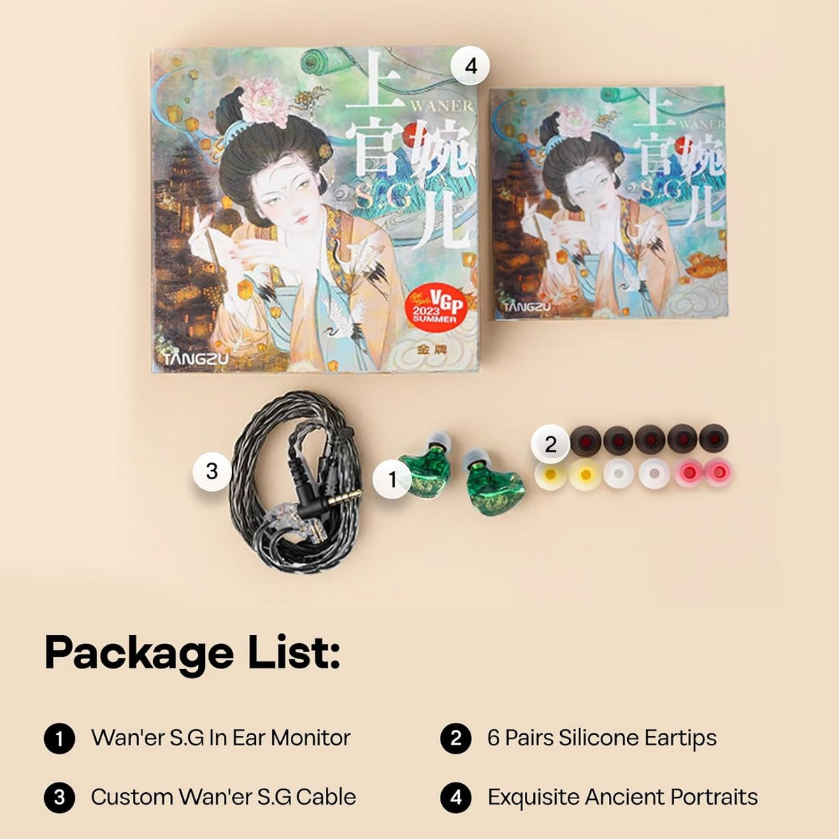 Productverpakking met in-ear monitors, kabel, oordopjes en twee dozen met Aziatische kunst. De verpakking wordt hieronder weergegeven.