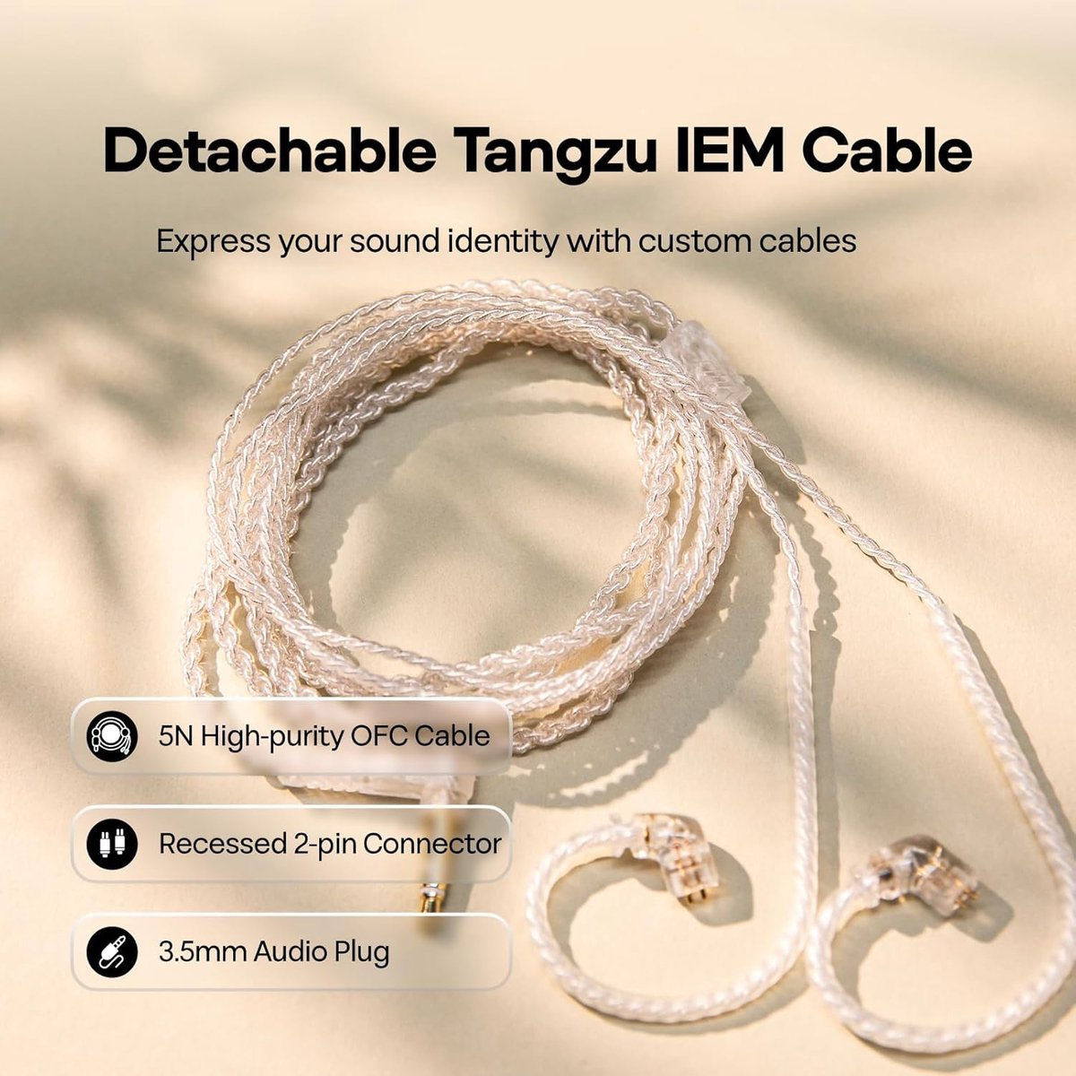 Witte Tangzu IEM-kabel met details, waaronder 5N OFC-kabel, 2-pins connector en 3,5 mm audioplug, op een lichte achtergrond.