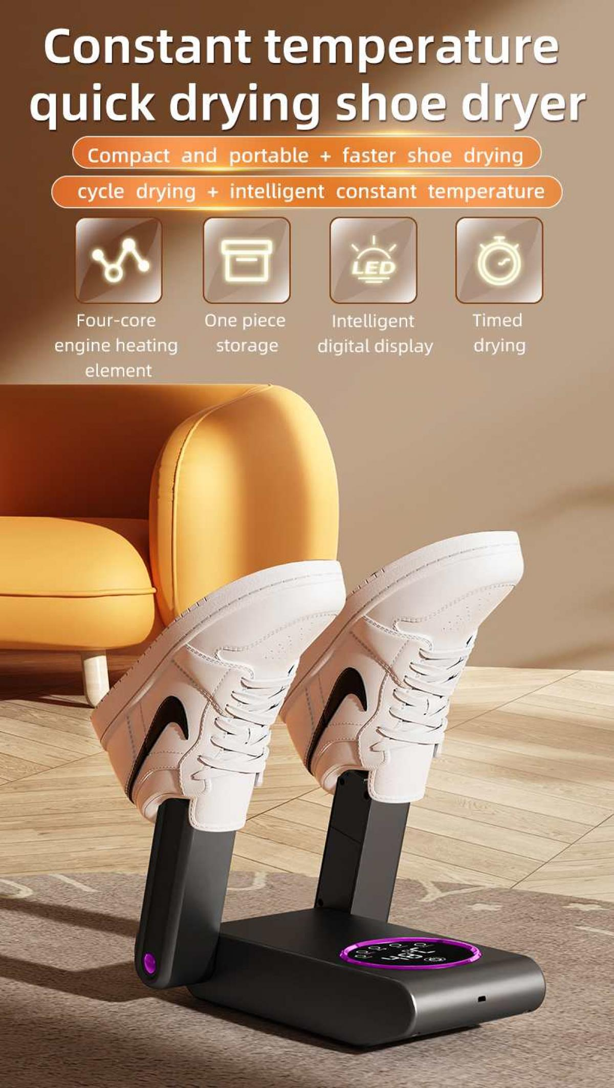 Schuhtrockner mit zwei weißen Turnschuhen auf schwarzer Basis. Der Trockner hat eine LED-Anzeige und steht vor einem orangefarbenen Sofa.