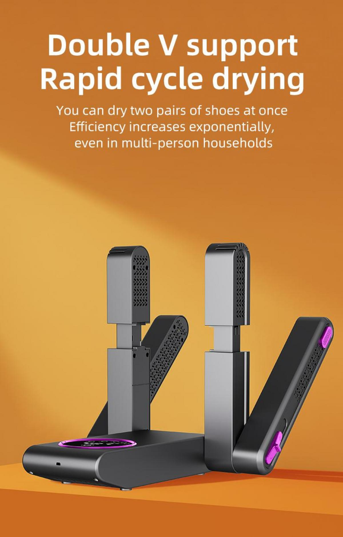 Ein Schuhtrockner mit Doppel-V-Halterung. Das Gerät ist schwarz und grau, mit einem orangefarbenen Hintergrund.