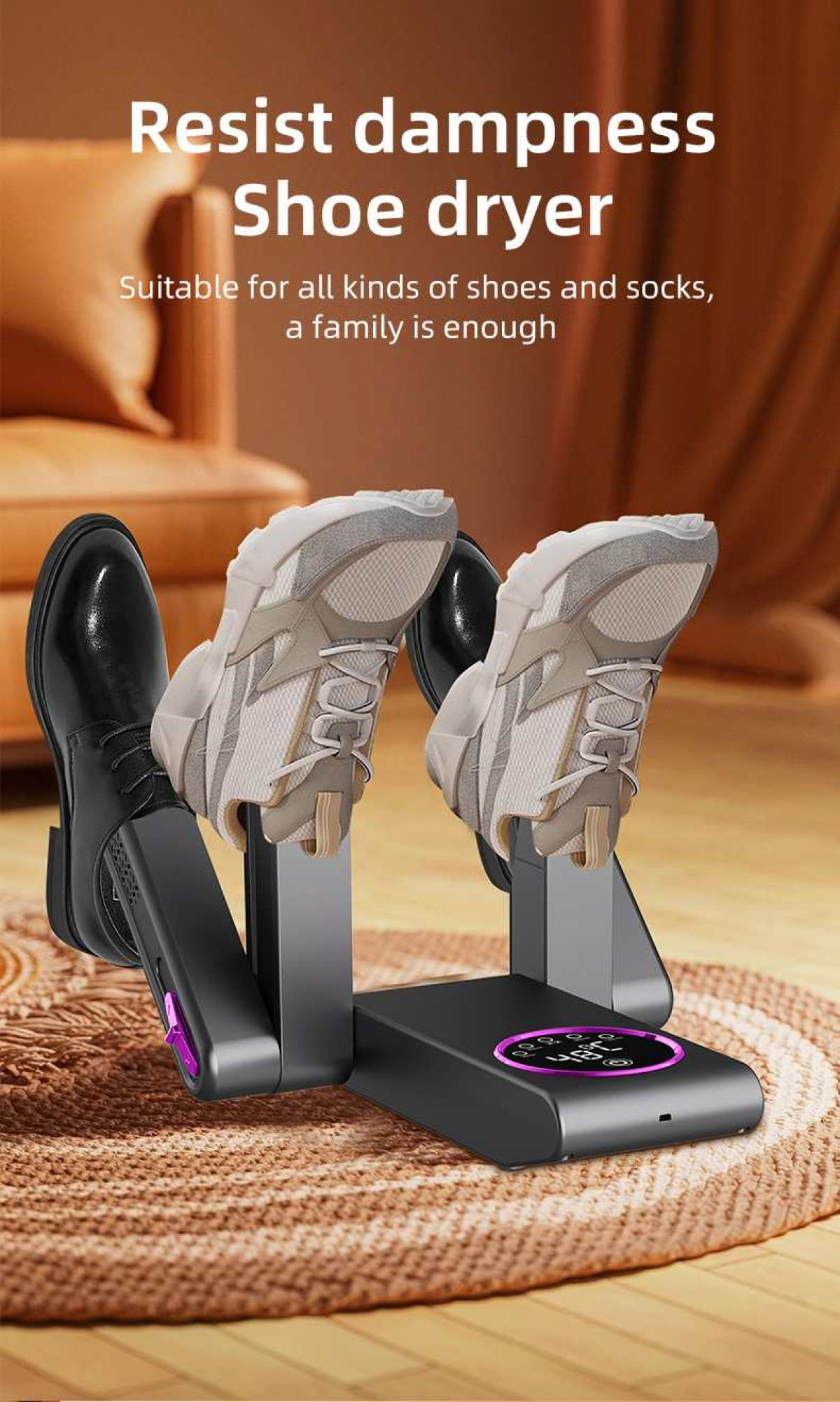 Ein Schuhtrockner mit Schuhen und Turnschuhen darauf. Der Text lautet 'Resist dampness Shoe dryer'.