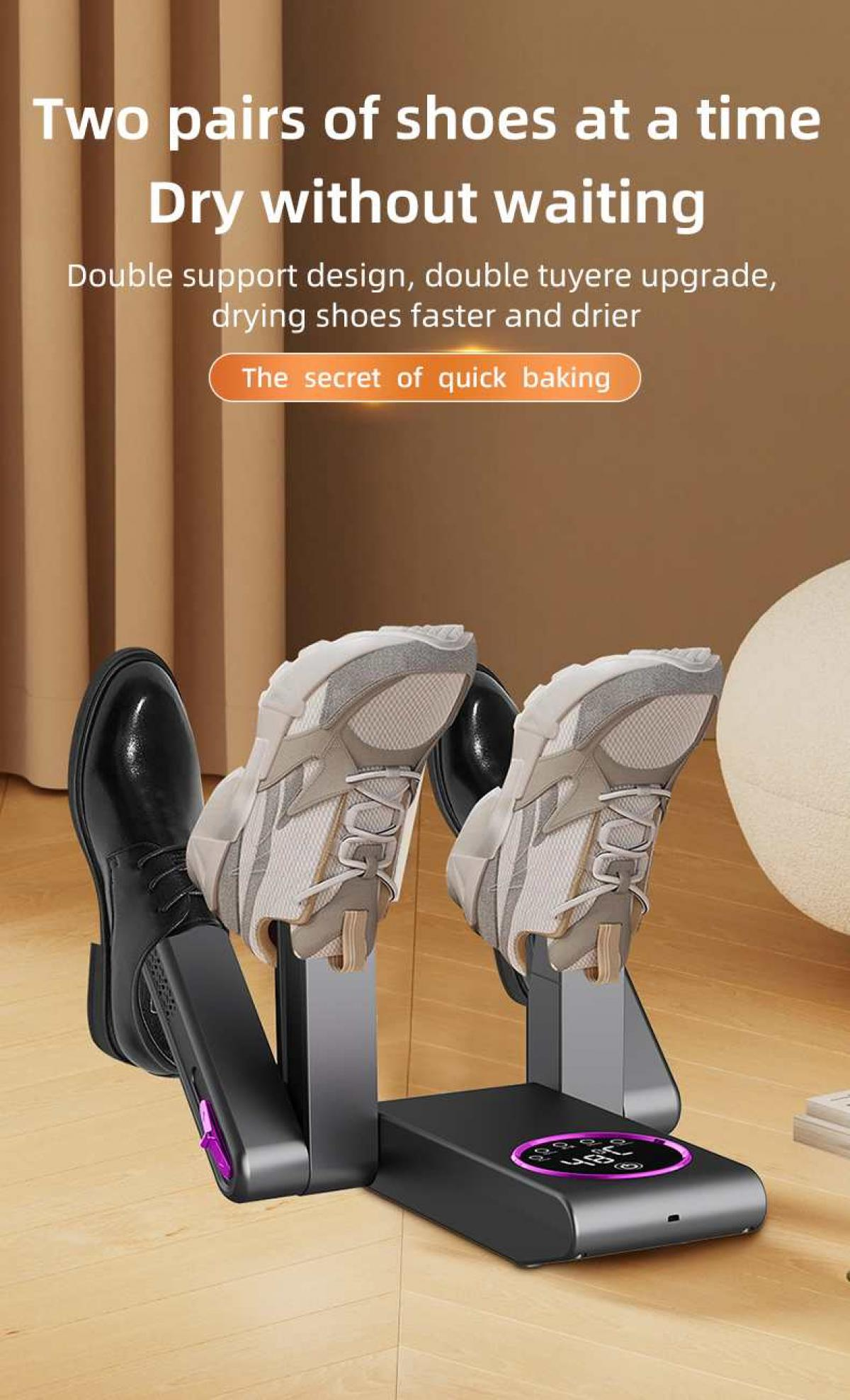 Ein Bild zeigt Schuhe auf einer Trocknungsmaschine. Die Maschine hat eine digitale Anzeige. Der Hintergrund ist eine verschwommene Raumkulisse.