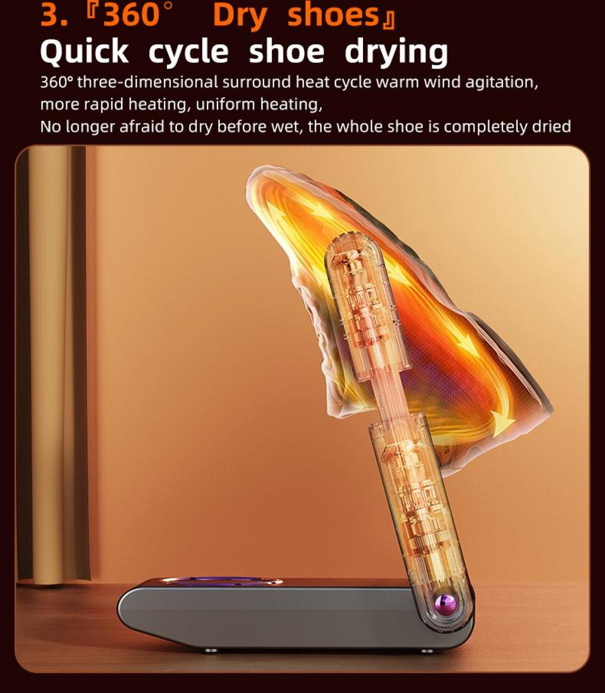Ein Schuhtrockner mit einem durchsichtigen Schlauch. Das Gerät steht auf einem dunklen Sockel. Der Hintergrund ist orange.