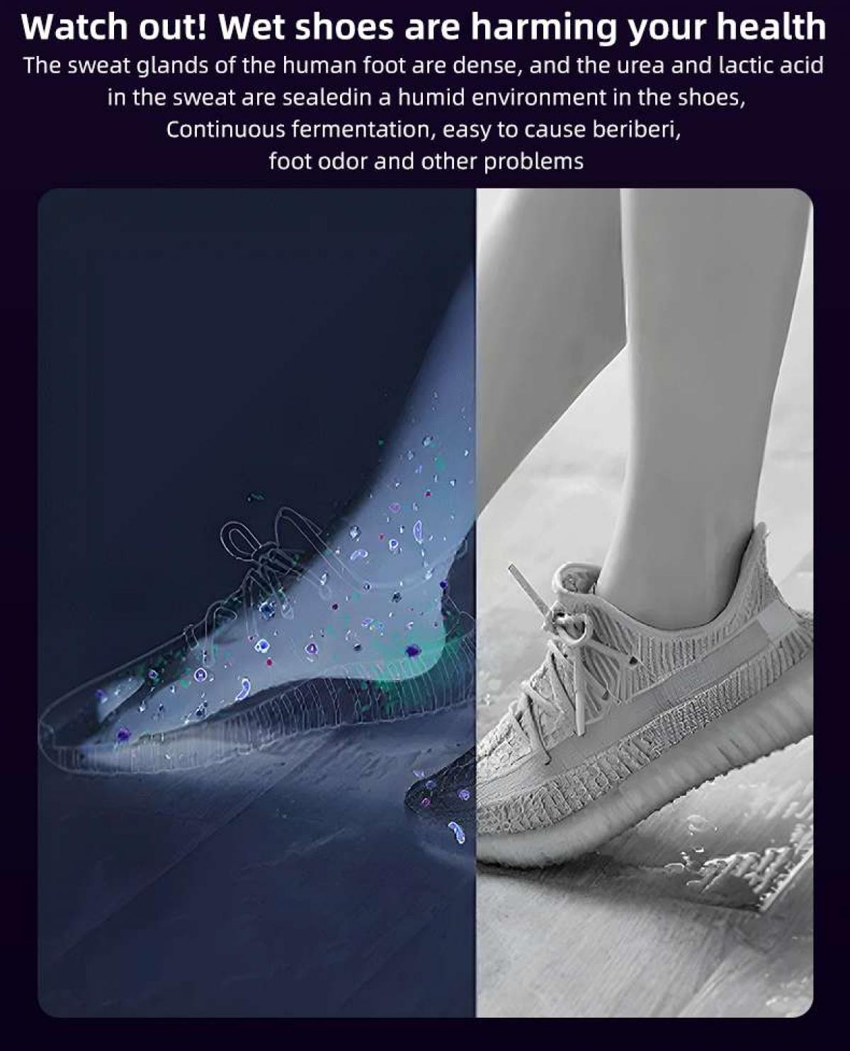 Das Bild zeigt einen Fuß in einem Schuh. Die linke Seite ist ein Fuß in einem nassen Schuh, die rechte Seite ein sauberer Schuh. Text warnt vor Gesundheitsrisiken.