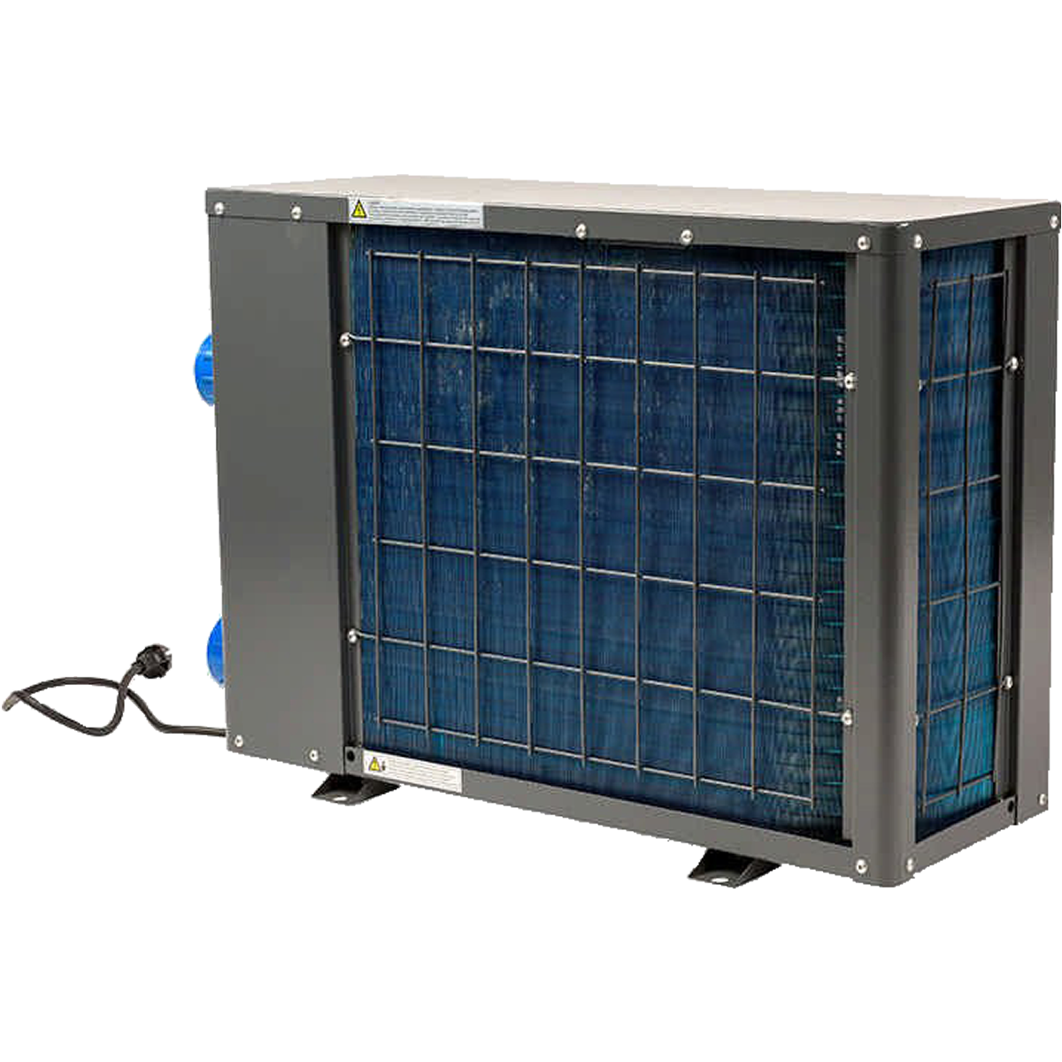 Ein graues Klimagerät mit blauen Spulen hinter einem Metallgitter. Es hat blaue Lüfter und ein Netzkabel.