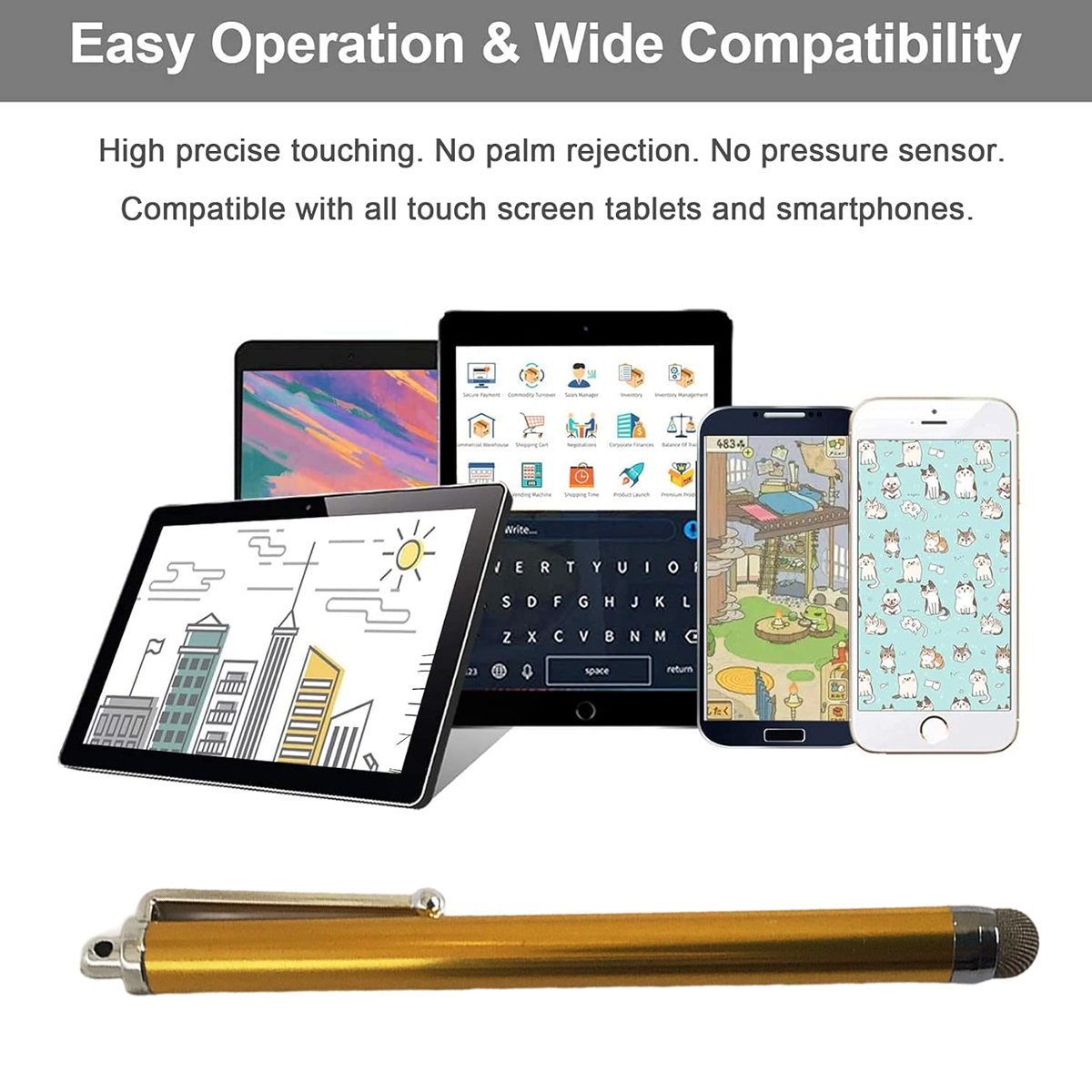 Das Bild zeigt einen Stift, Tablets und Smartphones. Die Bildschirme zeigen Apps und eine Tastatur. Der Hintergrund ist weiß.