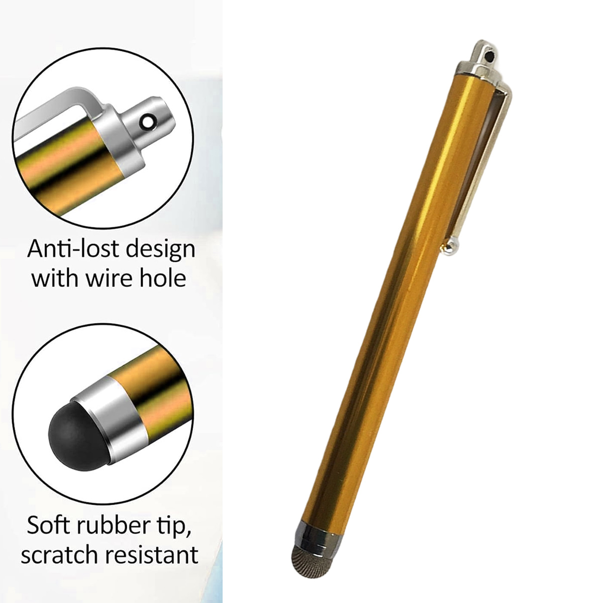 Ein goldener Eingabestift mit einer weichen Gummispitze. Zwei kreisförmige Einsätze mit Details, einer mit Drahtloch, der andere mit der Spitze.