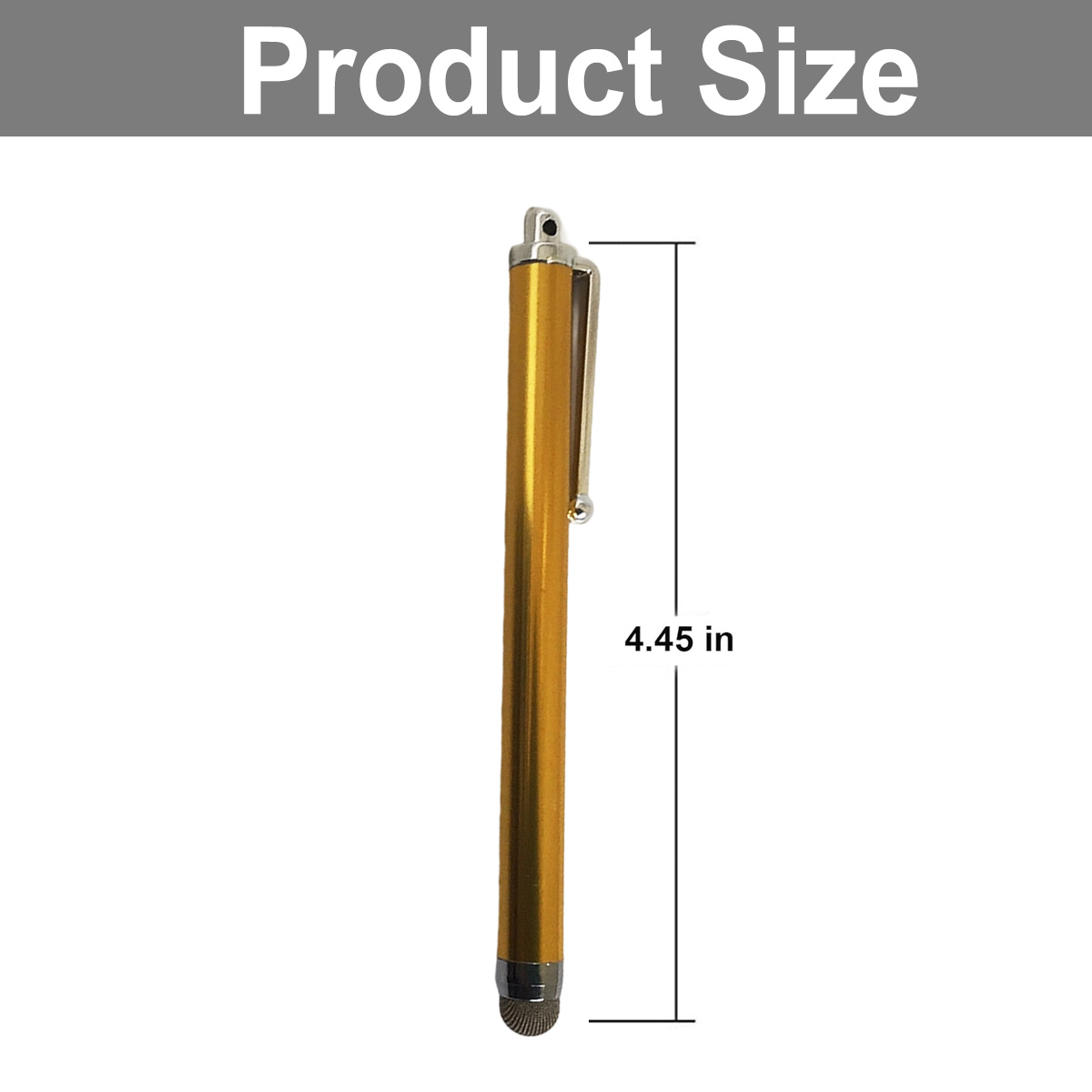Ein goldener Stift wird vor weißem Hintergrund dargestellt. Das Bild zeigt die Länge des Stifts, beschriftet mit 4,45 Zoll, mit Produktgröße oben.