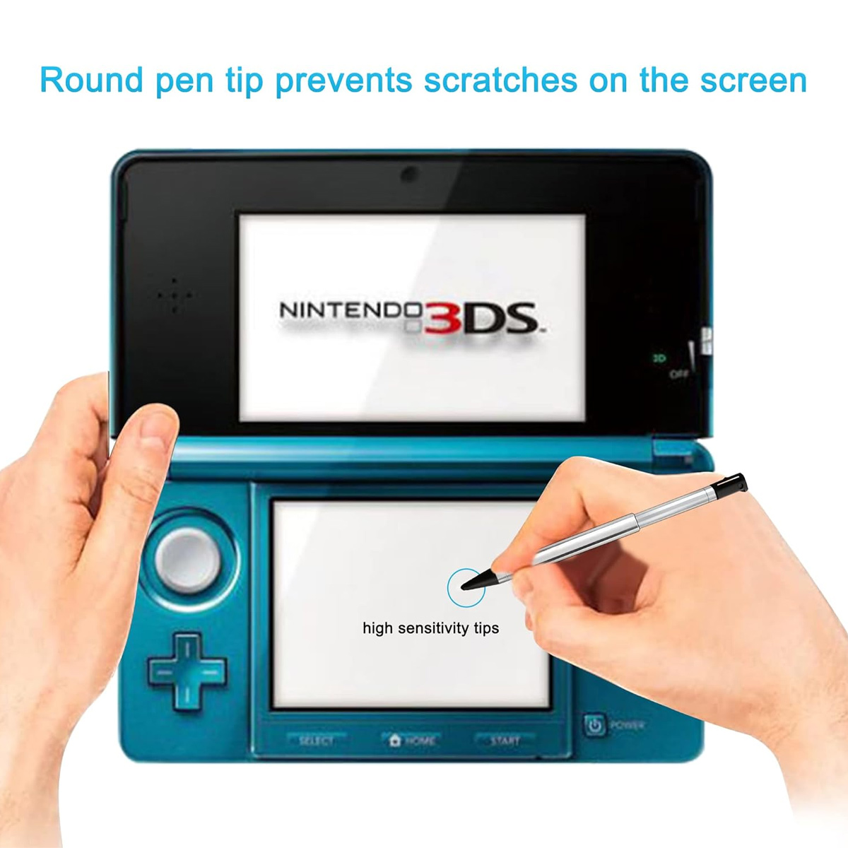 Eine Person verwendet einen Stift auf einem Nintendo 3DS. Der Bildschirm zeigt das Nintendo 3DS-Logo. Der Text "high sensitivity tips" ist sichtbar.