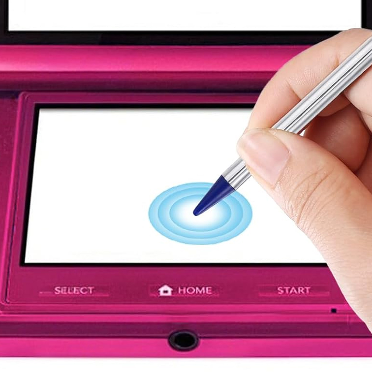Eine Hand, die einen Stift hält, berührt einen blauen Kreis auf einem rosa Nintendo 3DS-Bildschirm. Der Bildschirm zeigt einen weißen Hintergrund.