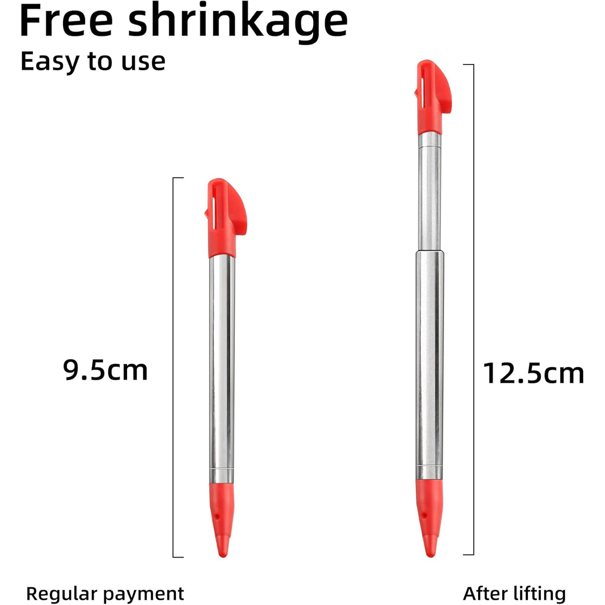 Zwei silberne Stifte mit roten Spitzen. Einer ist 9,5 cm und der andere 12,5 cm groß. Text: 'Freie Schrumpfung Einfach zu bedienen'.