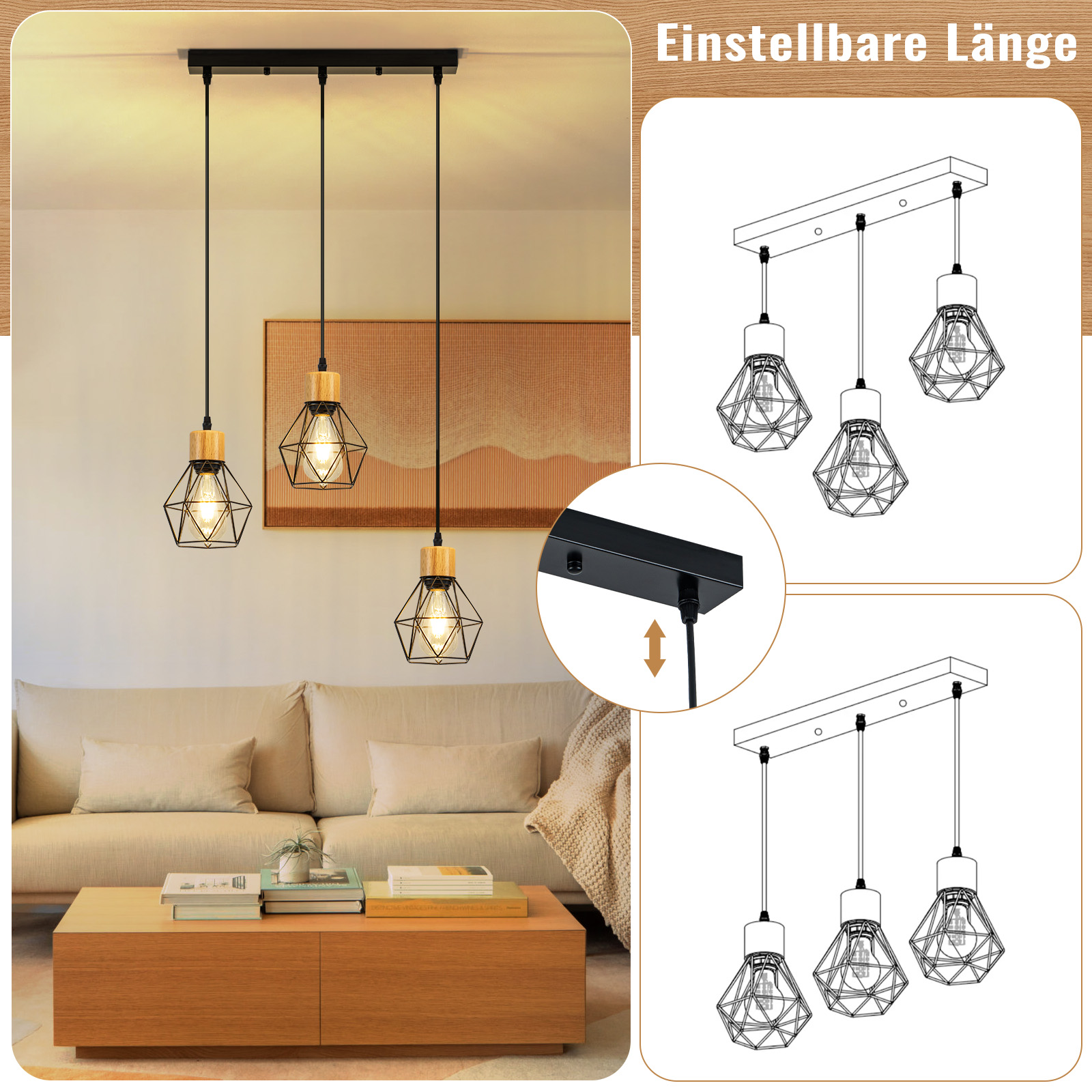 Drei Pendelleuchten mit geometrischen Schirmen hängen über einem Couchtisch. Die Leuchten haben Holzakzente und eine schwarze Deckenhalterung.