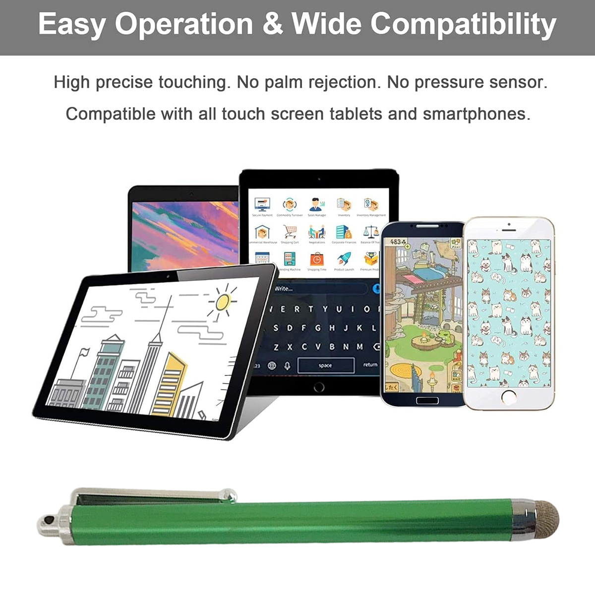 Das Bild zeigt Tablets und Smartphones mit einem grünen Stift. Auf den Bildschirmen sind Apps und eine Tastatur zu sehen.