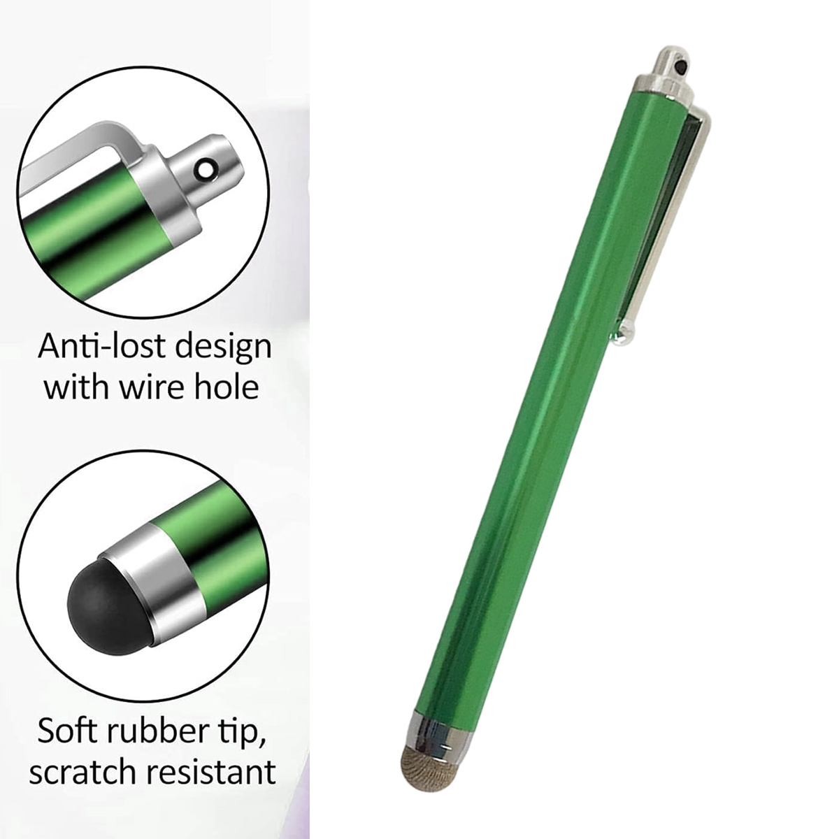 Ein grüner Eingabestift mit silbernem Clip und Spitze. Details umfassen Anti-Verlust-Design und weiche Gummi-Spitze, kratzfest.