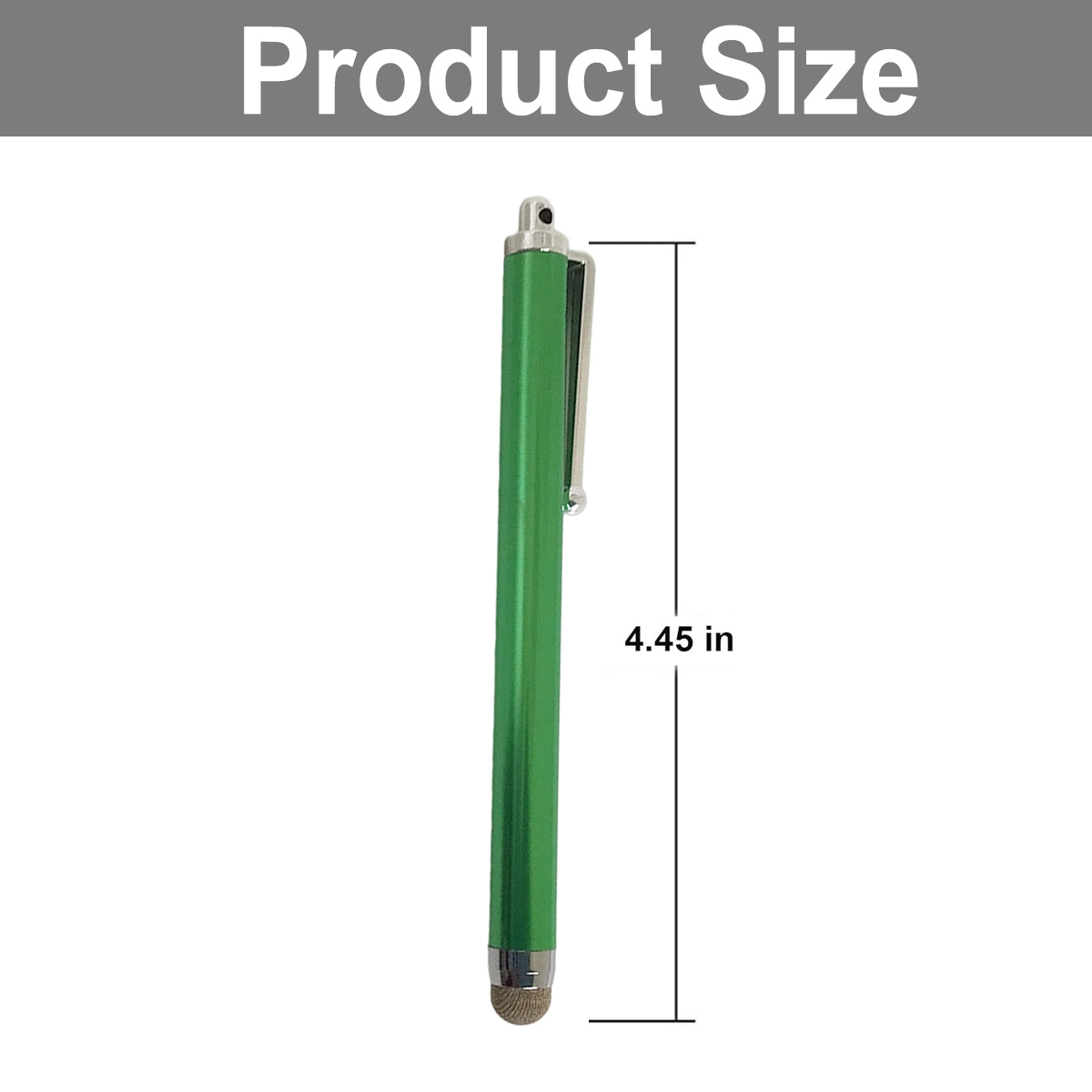 Ein grüner Stift, 4,45 Zoll lang, wird auf weißem Hintergrund gezeigt. Die Worte 'Produktgröße' stehen über dem Stift.