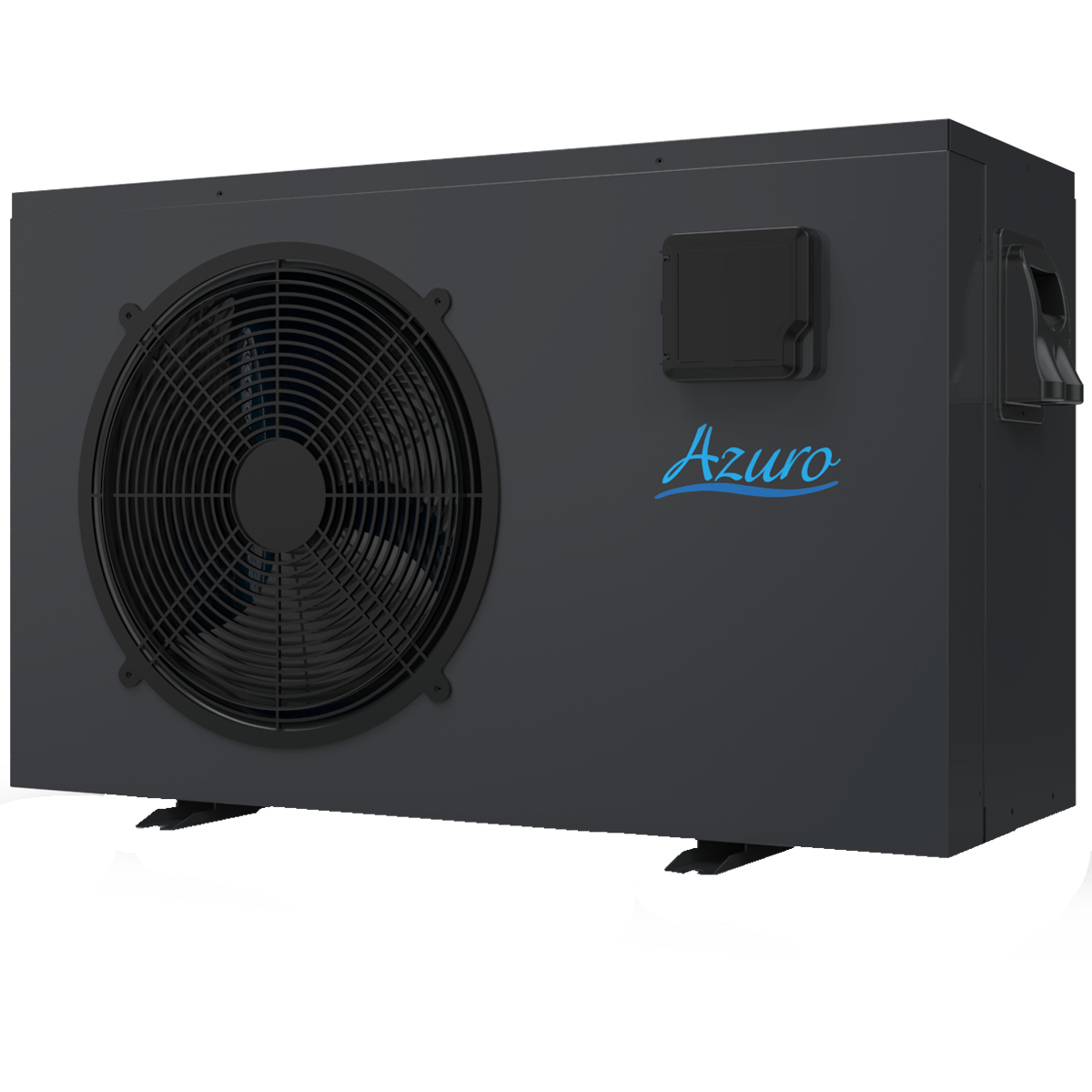 Eine dunkelgraue Azuro-Wärmepumpe. Links ist ein großer Ventilator. Der Markenname ist blau. Schwarze Füße stützen das Gerät.