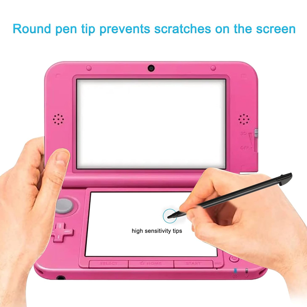 Ein pinkfarbenes Nintendo 3DS wird gehalten, ein schwarzer Stift berührt den Bildschirm. Text: "Runde Stiftspitze verhindert Kratzer auf dem Bildschirm".