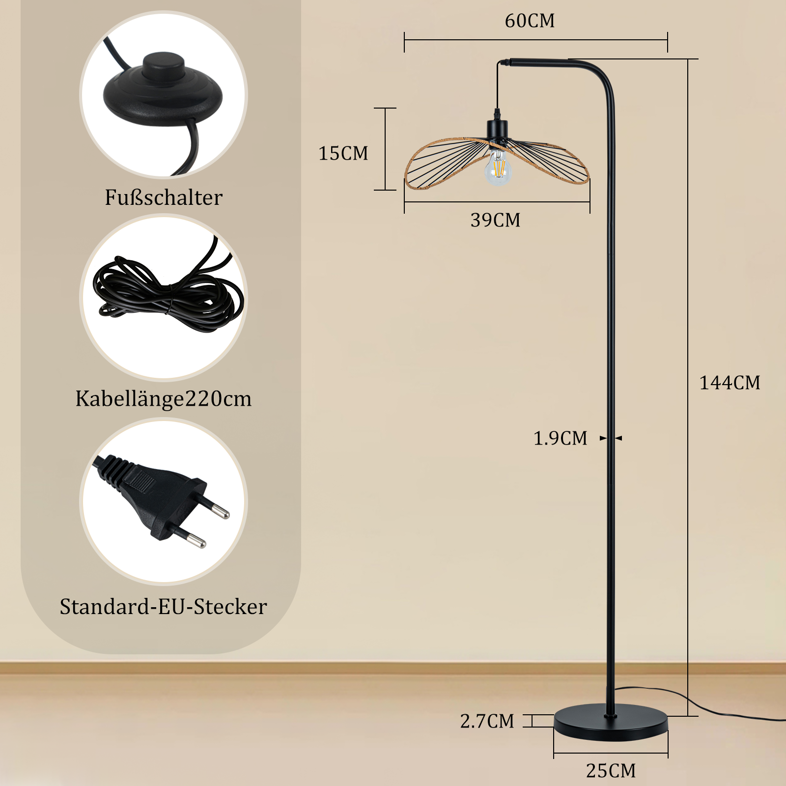 Una lampada da terra nera con paralume, lampadina e dimensioni. Dettagli: interruttore a pedale e spina europea.