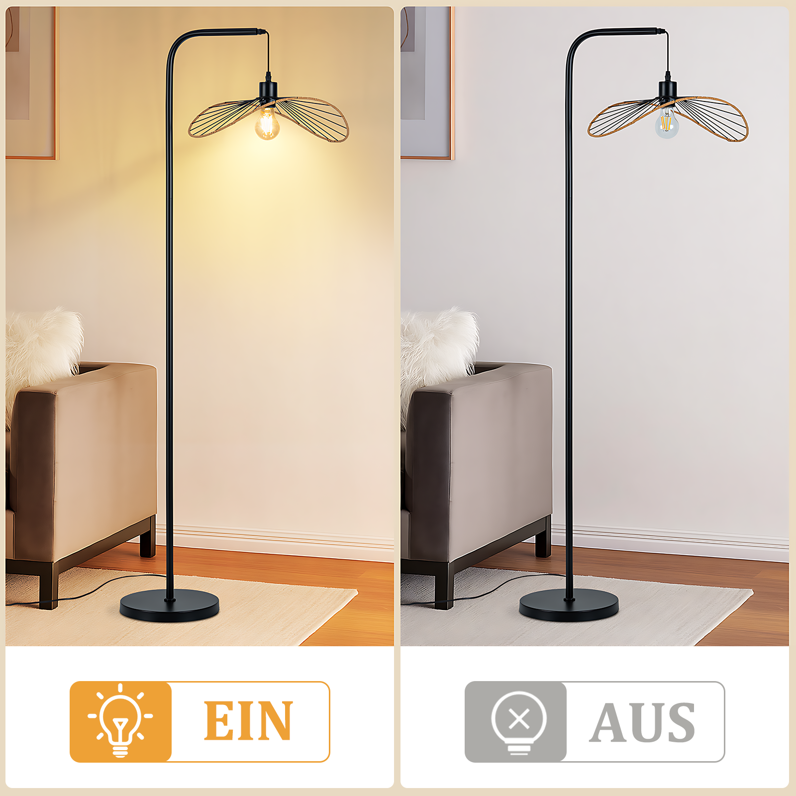 Una lampada da terra moderna con struttura nera e paralume decorativo. La stanza ha un divano e un tappeto. Le immagini mostrano stati on e off.