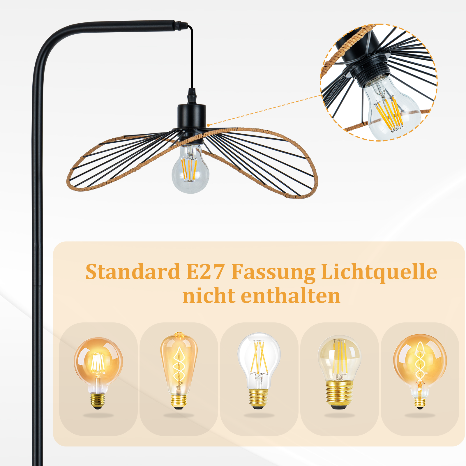 Una lampada nera moderna con un paralume unico, che mostra diversi stili di lampadine. Testo informativo sotto.