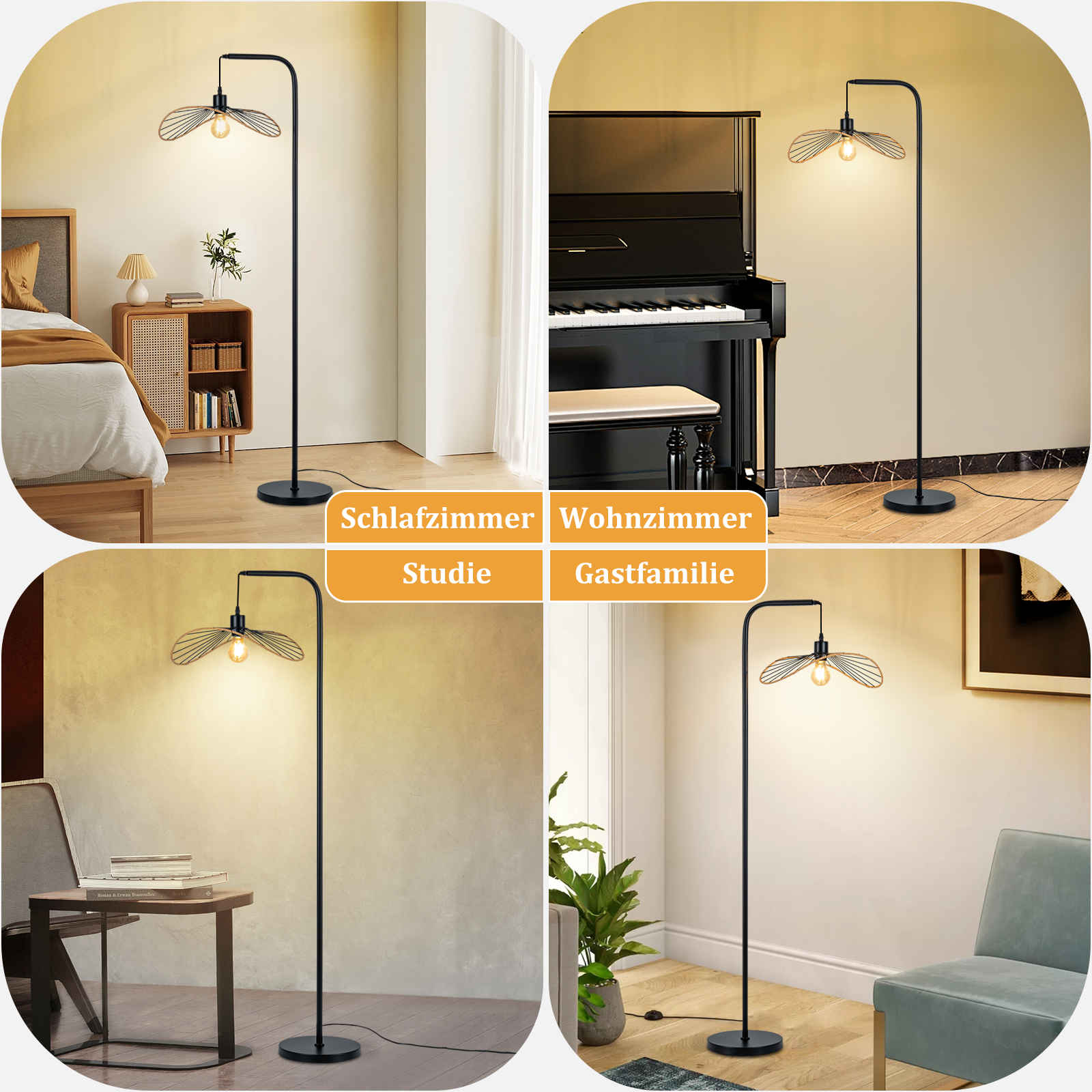Una moderna lampada da terra nera con un paralume unico, che illumina varie ambientazioni: camera da letto, soggiorno, studio e camera degli ospiti.