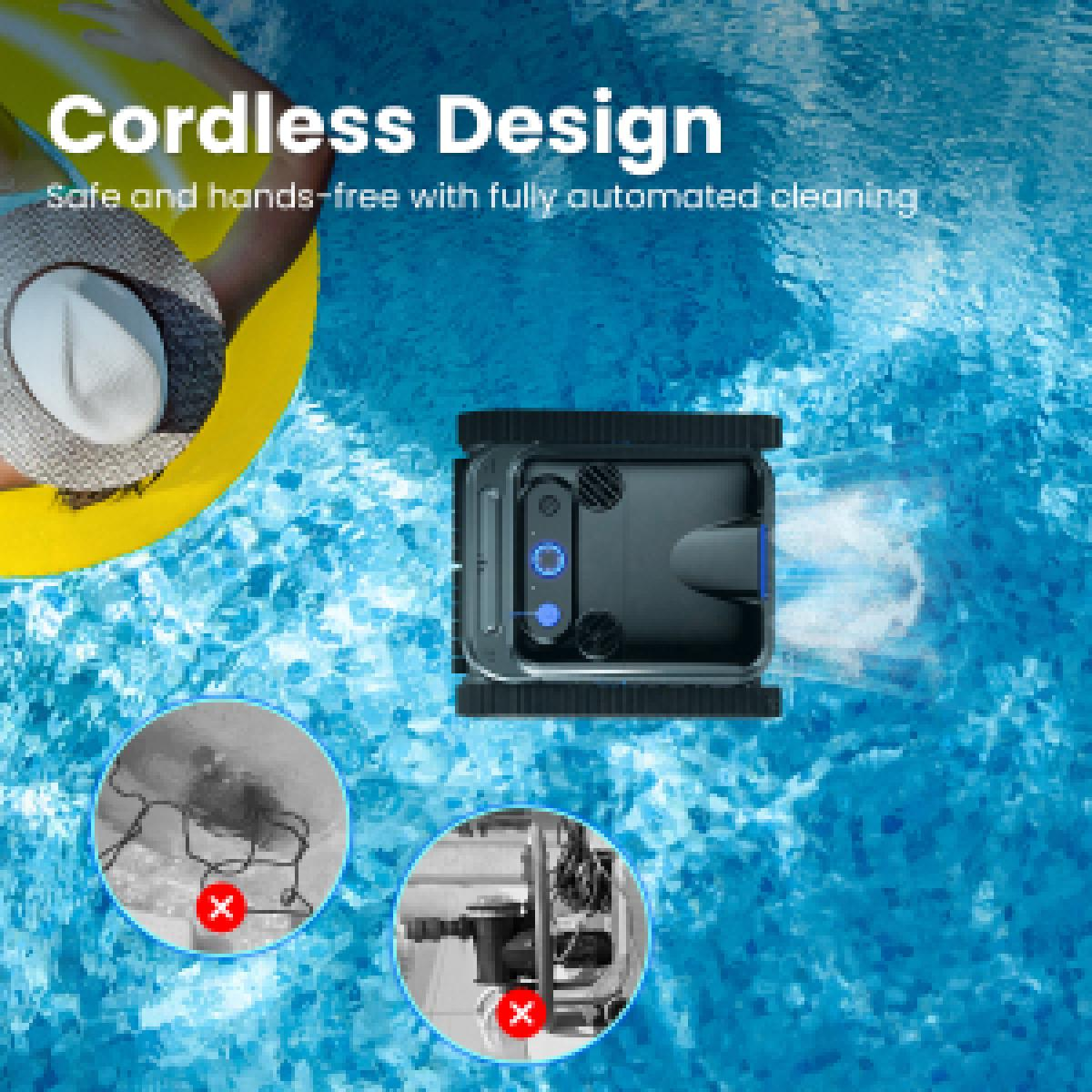 Ein Poolroboter in einem Pool. Eine Person in einem gelben Schwimmring. Zwei Kreise mit roten X'en. Text: Kabelloses Design. Sicher und freihändig.
