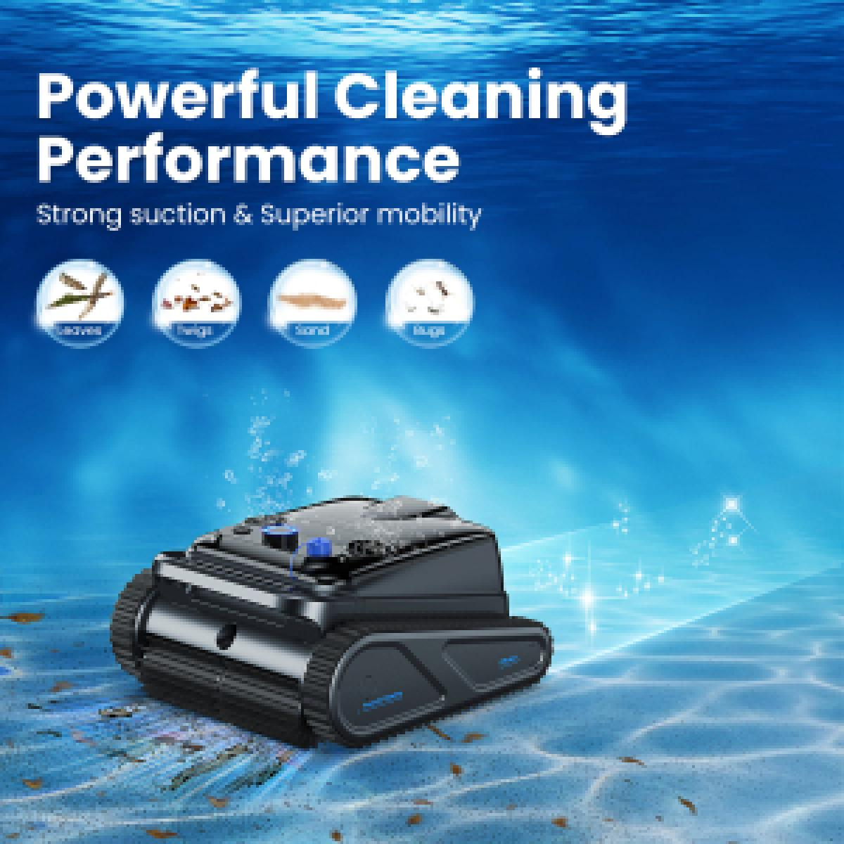 Ein Unterwasserroboter reinigt einen Pool. Das Bild zeigt den Roboter mit Text, der eine leistungsstarke Reinigungsleistung anzeigt.
