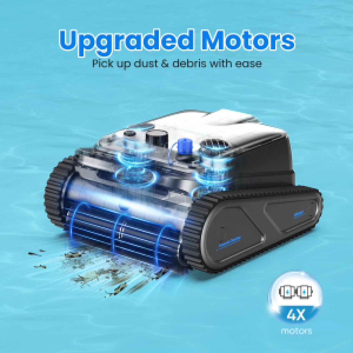 Ein Poolreiniger-Roboter im Wasser. Er hat schwarze Ketten, einen durchsichtigen Körper und einen blauen Motor. Text: 'Upgraded Motors'.