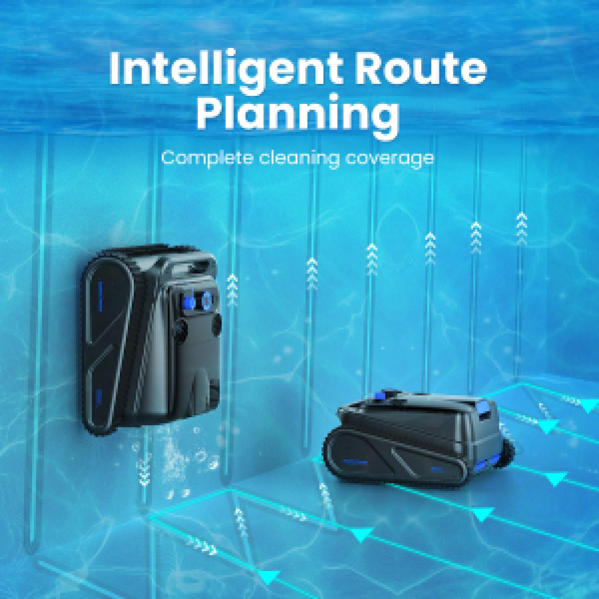 Zwei Roboter-Poolreiniger unter Wasser. Text lautet: Intelligente Routenplanung, Vollständige Reinigungsabdeckung. Blaue und schwarze Geräte.