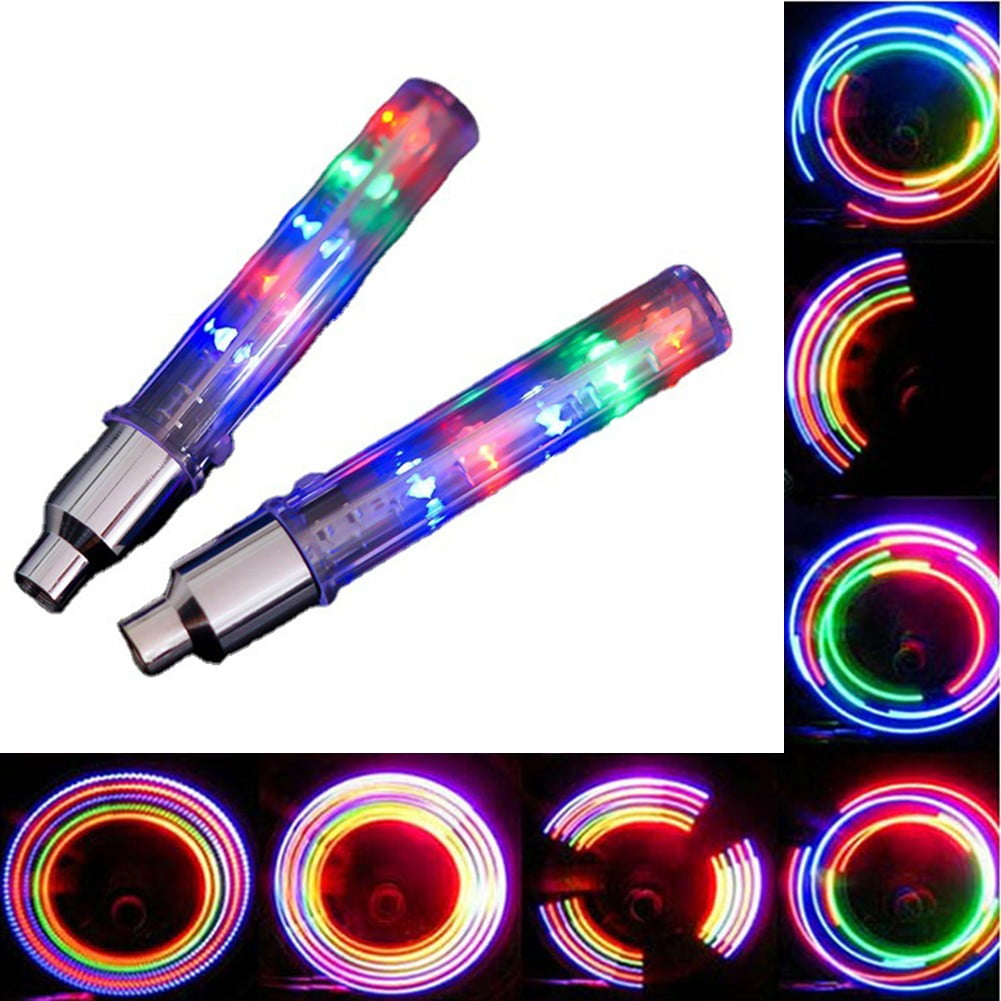 Zwei LED-Fahrradventil-Leuchten mit mehreren Farben werden gezeigt. Mehrere Bilder zeigen die Lichter in Bewegung, die bunte Kreise erzeugen.