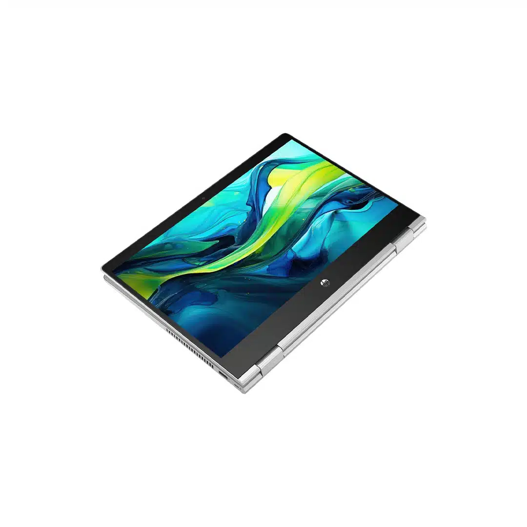 Laptop auf weißem Hintergrund, Bildschirm zeigt farbenfrohe abstrakte Kunst. Silberner Rahmen und Scharnier sichtbar. Der Bildschirm ist geöffnet.