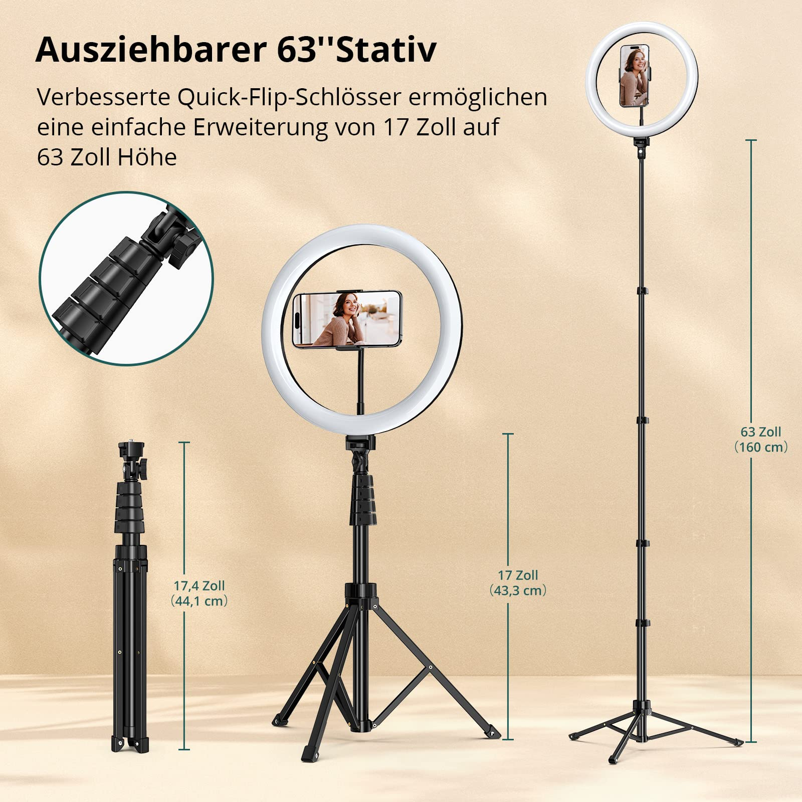 Ein schwarzes Stativ mit Ringlicht und Telefon. Es ist auf eine maximale Höhe von 63 Zoll ausgefahren.