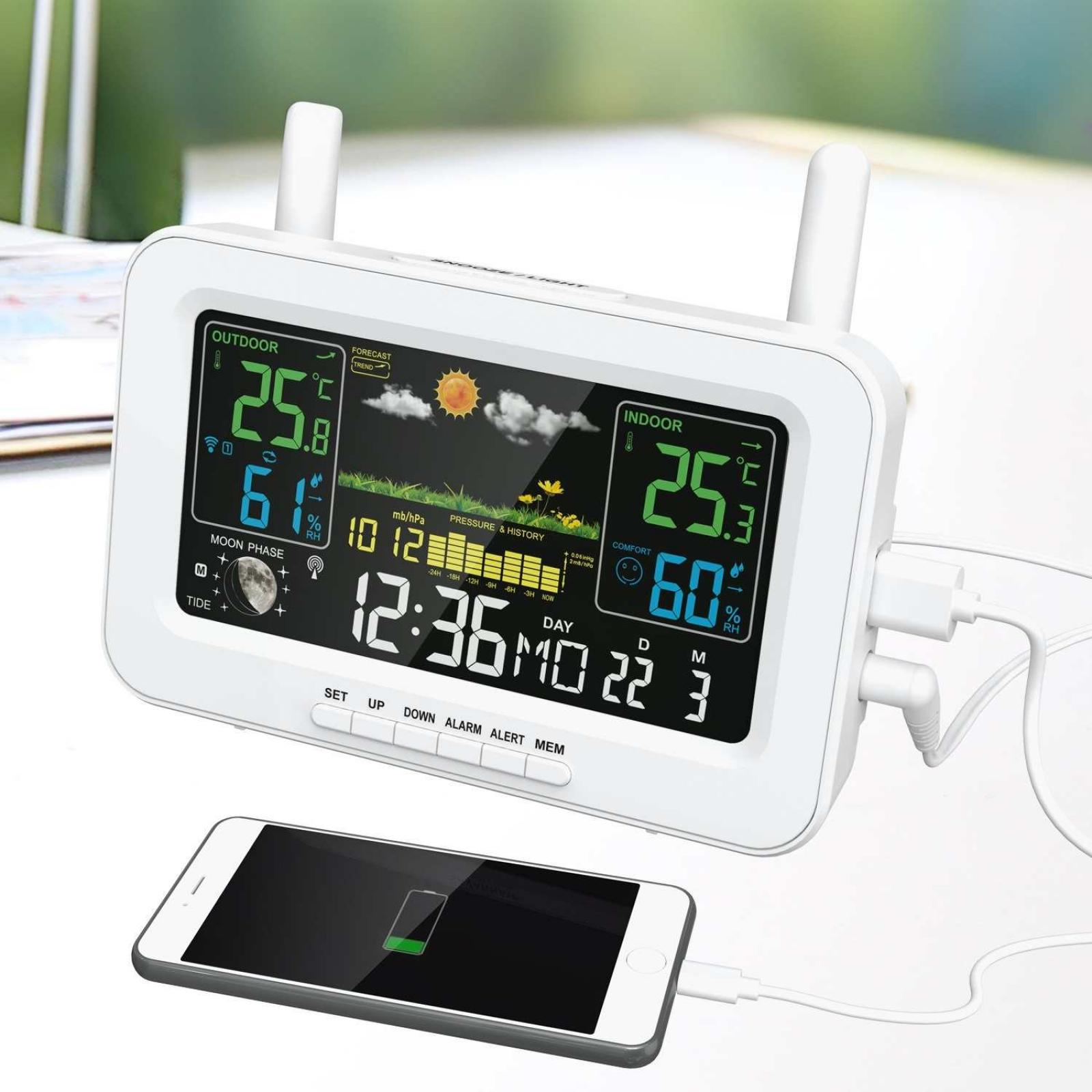 Eine weiße Wetterstation zeigt Außen- und Innentemperatur, Luftfeuchtigkeit und Uhrzeit an. Darunter lädt ein Telefon.