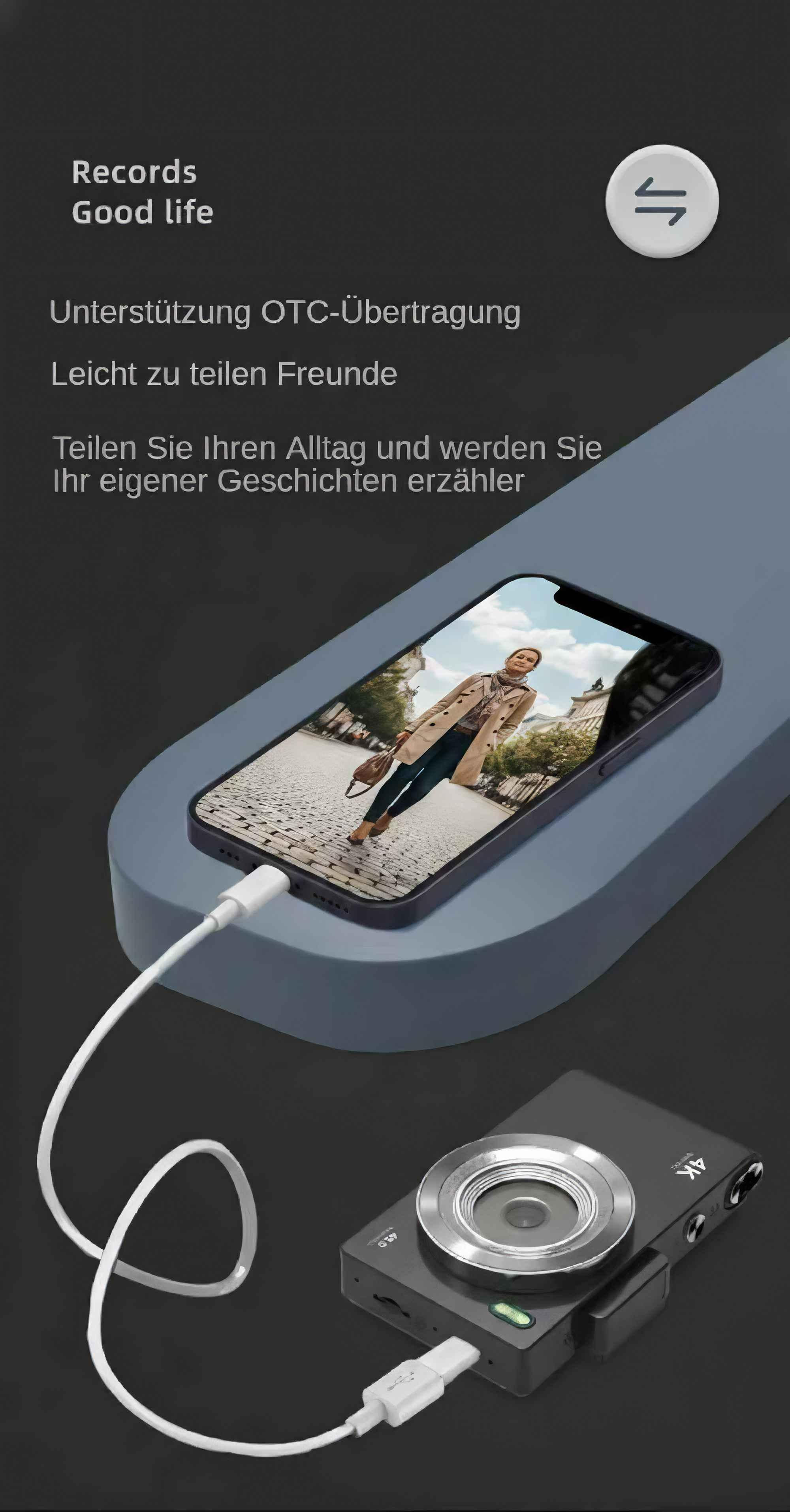 Ein Telefon, das eine Person auf einer Straße zeigt, über ein Kabel mit einer Kamera verbunden, auf einer blauen Plattform, mit Text.