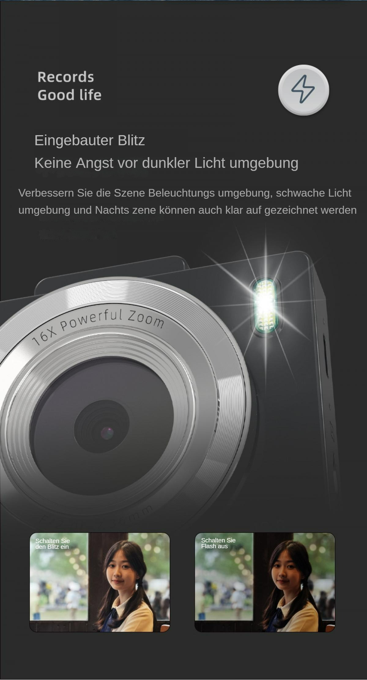 Nahaufnahme einer Kamera mit Blitz. Text enthält 'Records, Good life, 16x Powerful Zoom'. Zwei Miniaturansichten einer Frau.