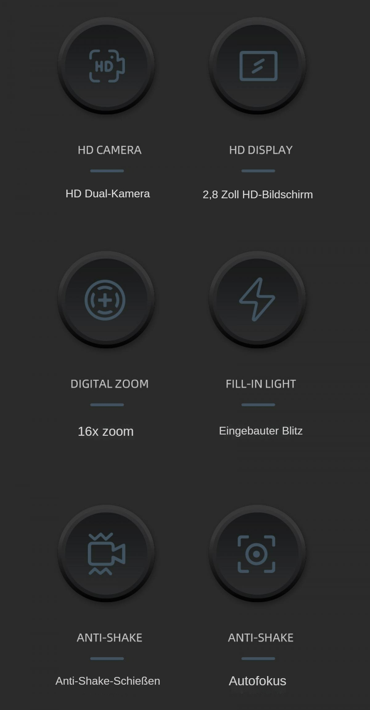 Dunkler Hintergrund mit Symbolen für HD-Kamera, Display, Digitalzoom, Aufhelllicht und Anti-Shake-Funktionen.