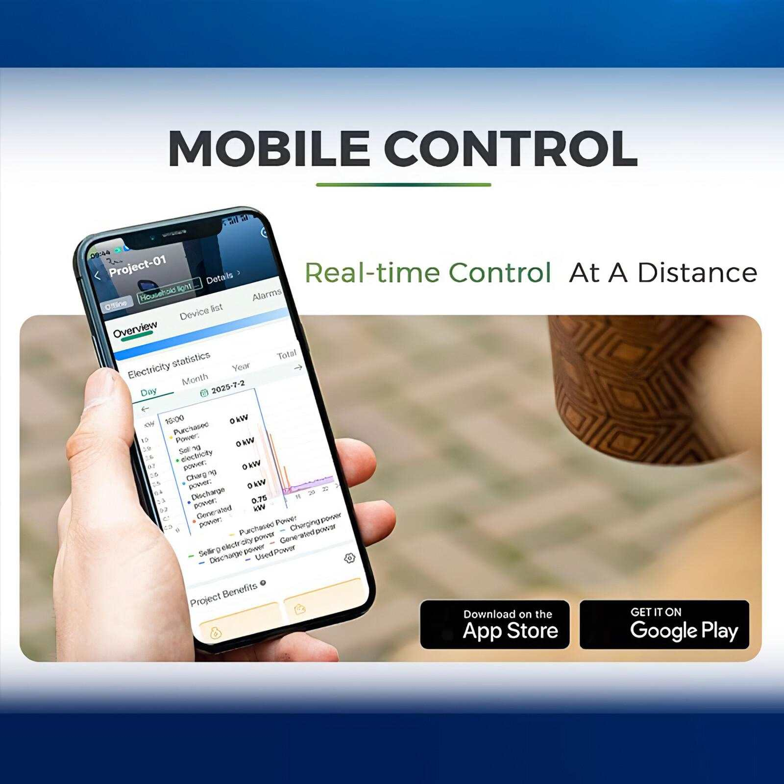 Eine Hand hält ein Telefon mit Elektrizitätsstatistiken. Titel: Mobile Steuerung. Apps-Download-Buttons unten.