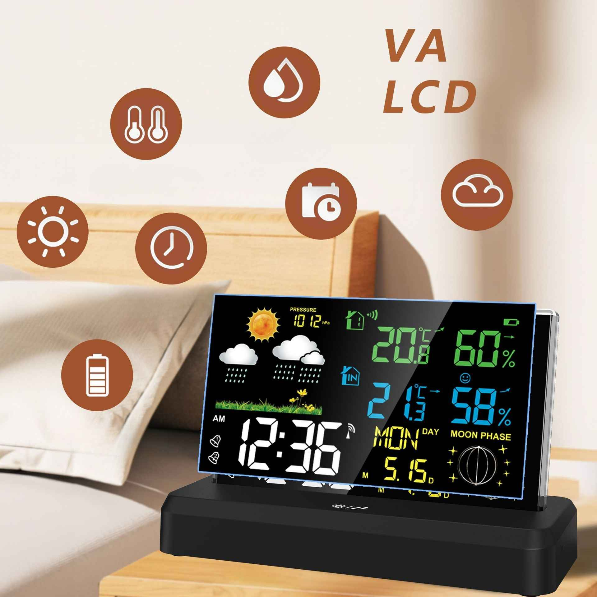 Eine digitale Wetterstation zeigt Zeit, Wetter und Temperatur an. Symbole und Zahlen sind weiß und grün auf schwarzem Bildschirm.