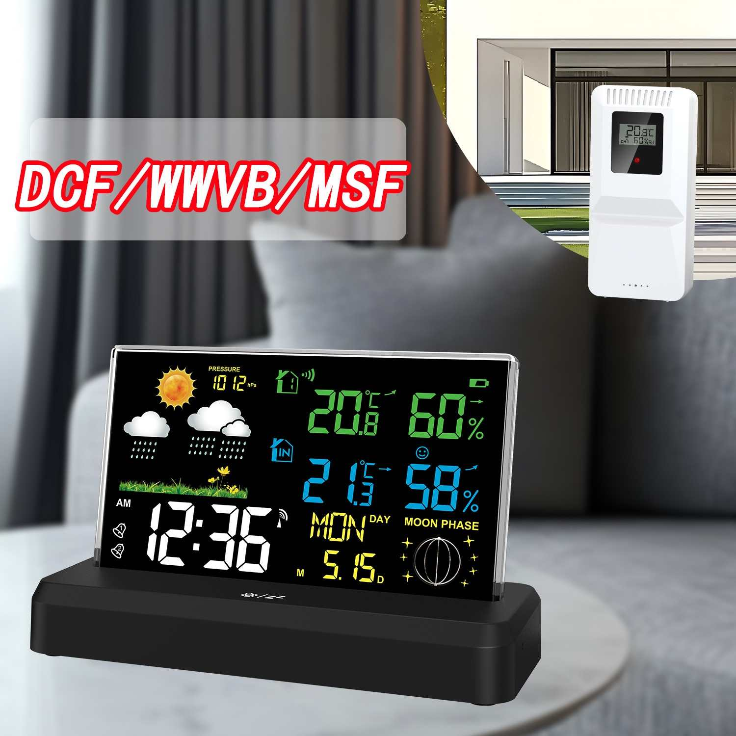 Eine digitale Wetterstation zeigt Uhrzeit, Wetterbedingungen und Temperatur an. Rechts befindet sich ein weißer Sensor, oben steht "DCF/WWVB/MSF".