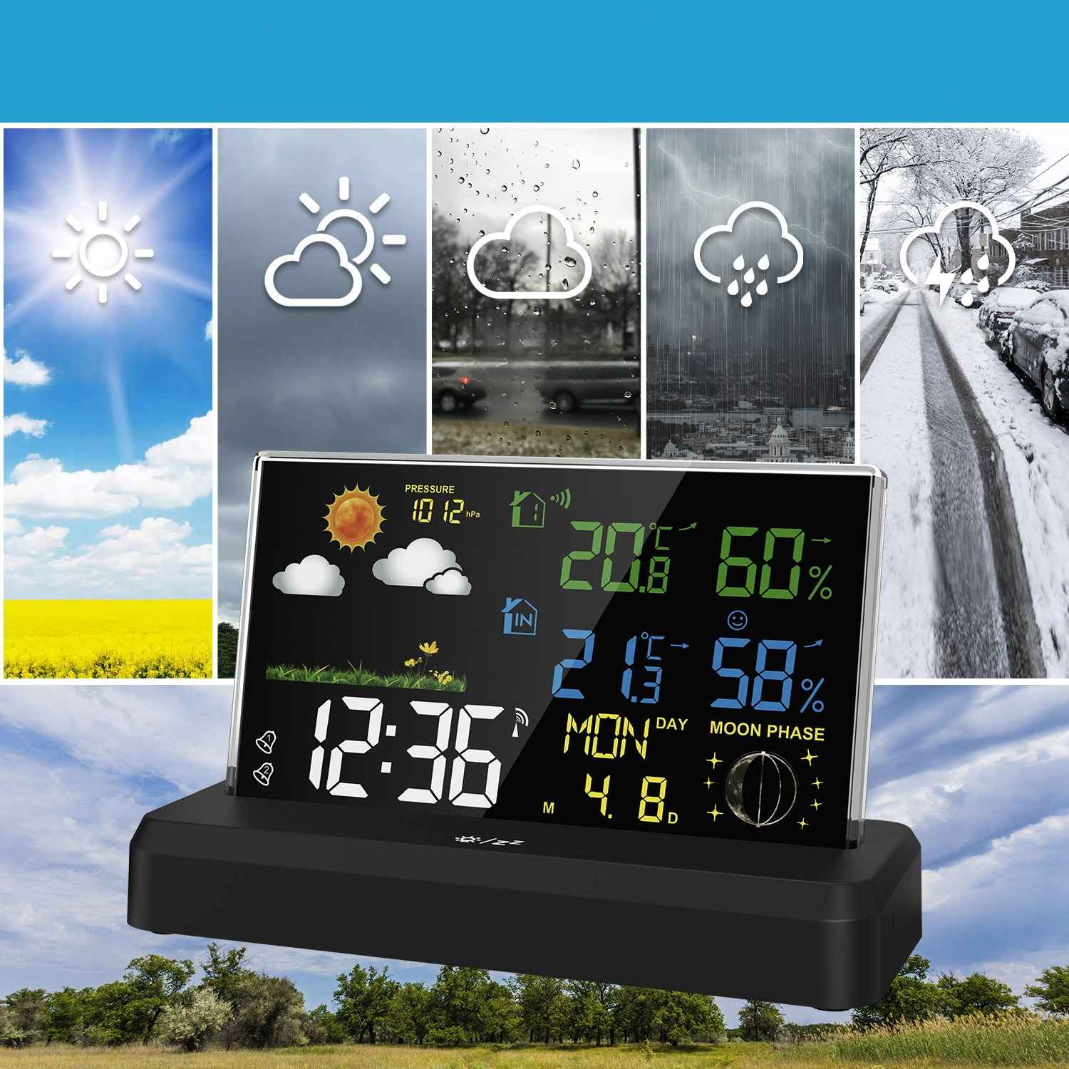 Wetterstation mit Zeit, Temperatur, Luftfeuchtigkeit und Wettersymbolen. Hintergrund zeigt verschiedene Wetterbedingungen.