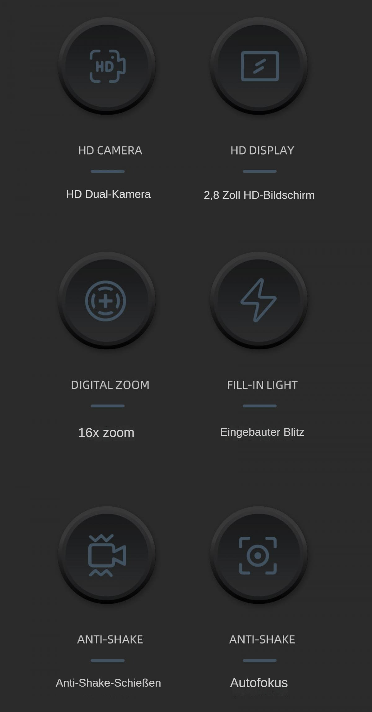 Das Bild zeigt Kamerafunktionen: HD-Kamera, HD-Display, Digitalzoom, Aufhelllicht, Anti-Shake und Autofokus.
