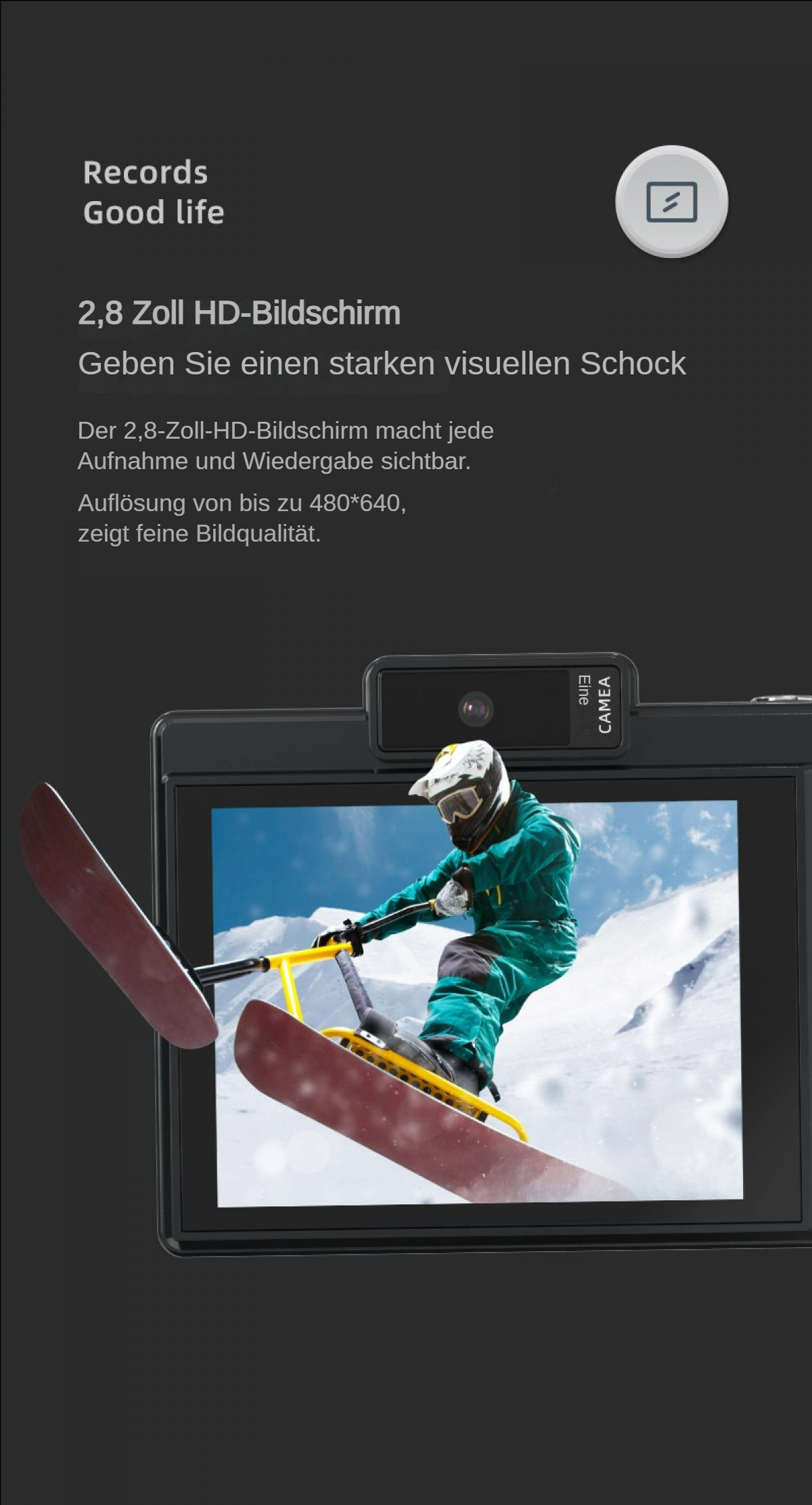 Eine Person auf einem Snowboard springt auf einem schneebedeckten Berg. Das Snowboard ist rot und die Person trägt eine grüne Jacke.