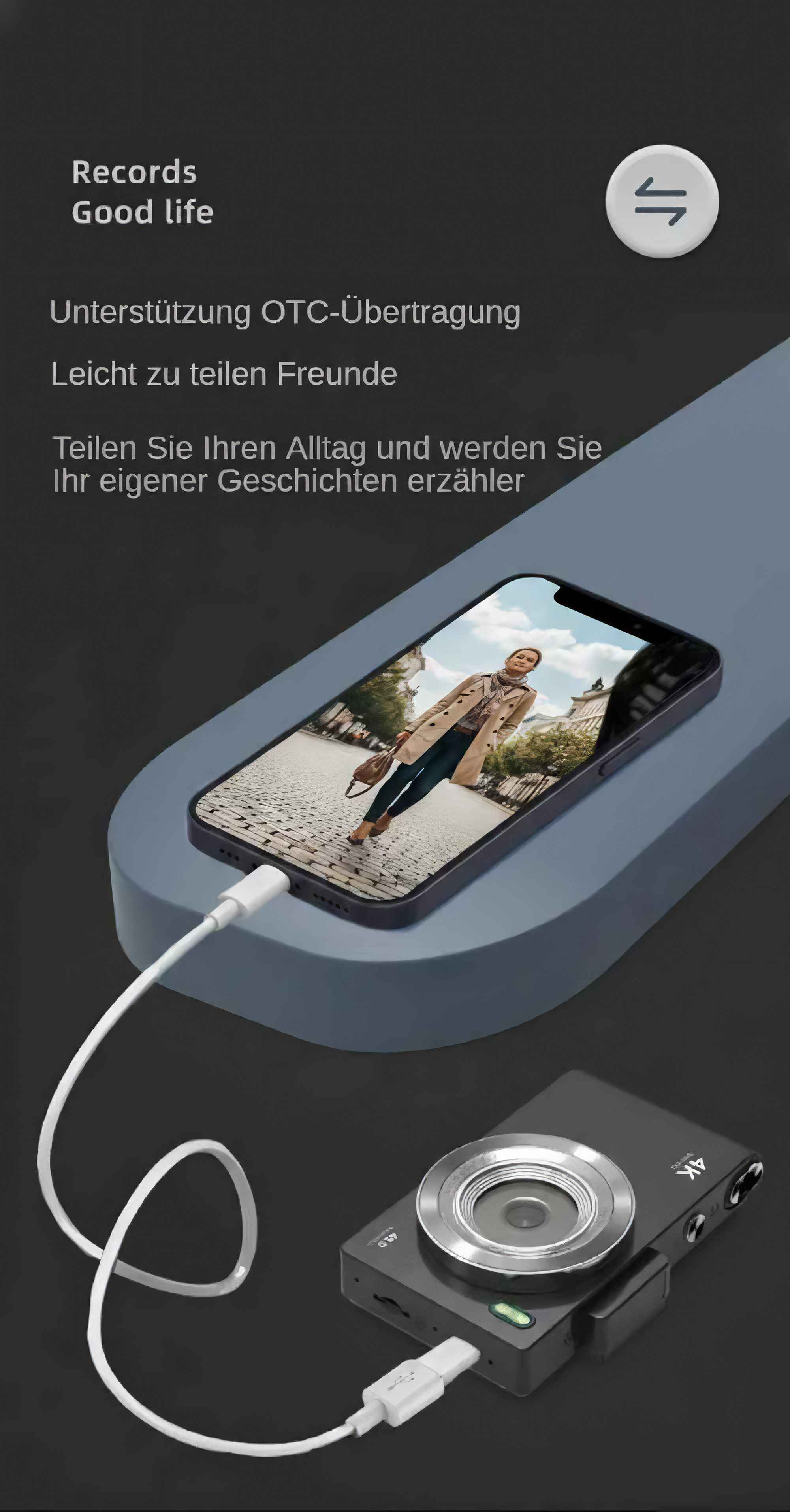 Ein Telefon und eine Kamera sind durch weiße Kabel verbunden. Das Telefon zeigt eine Frau. Text: Aufzeichnungen, gutes Leben, Teilen.