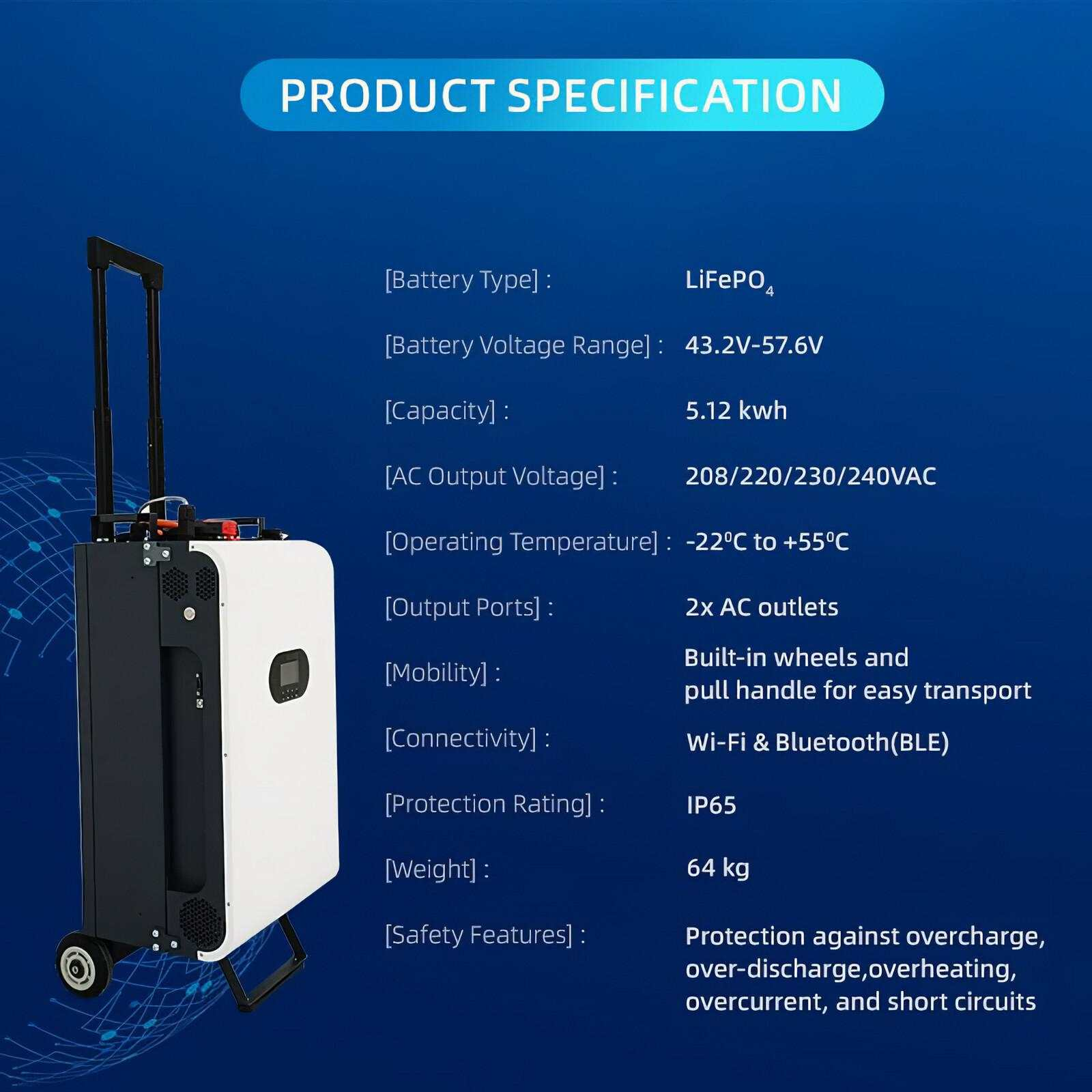 Eine weiß-schwarze Powerstation auf Rädern mit aufgelisteten Spezifikationen. Produktdetails umfassen Batterietyp, Kapazität und Sicherheitsmerkmale.