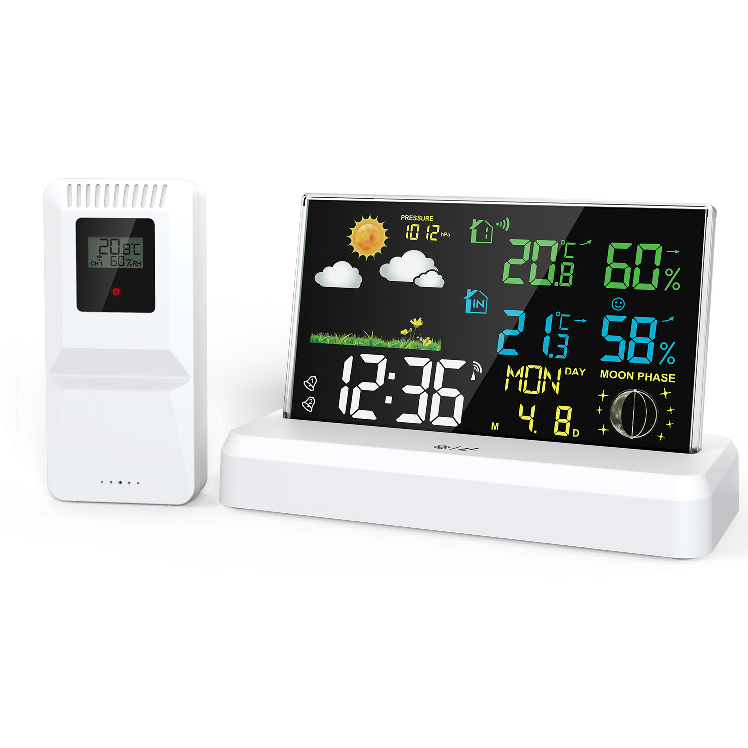 Eine weiße Wetterstation zeigt Temperatur, Luftfeuchtigkeit und Uhrzeit an. Sie zeigt Wettersymbole, Mondphase und Innen-/Außenmesswerte.