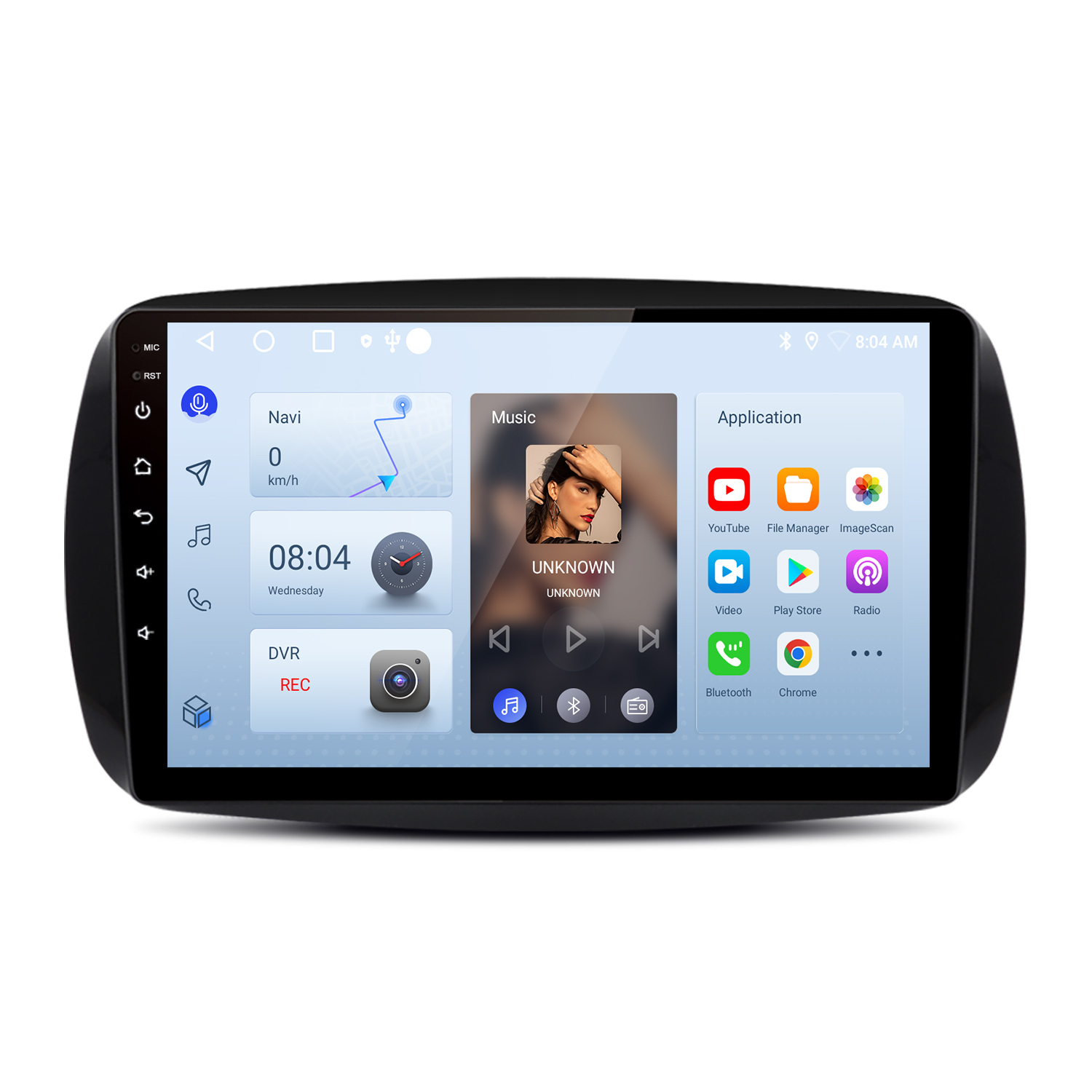 Auto-Multimedia-System-Display. Zeigt Navigation, Musik-Player, Anwendungssymbole und Uhrzeit. Mit Touchscreen und schwarzem Rahmen.