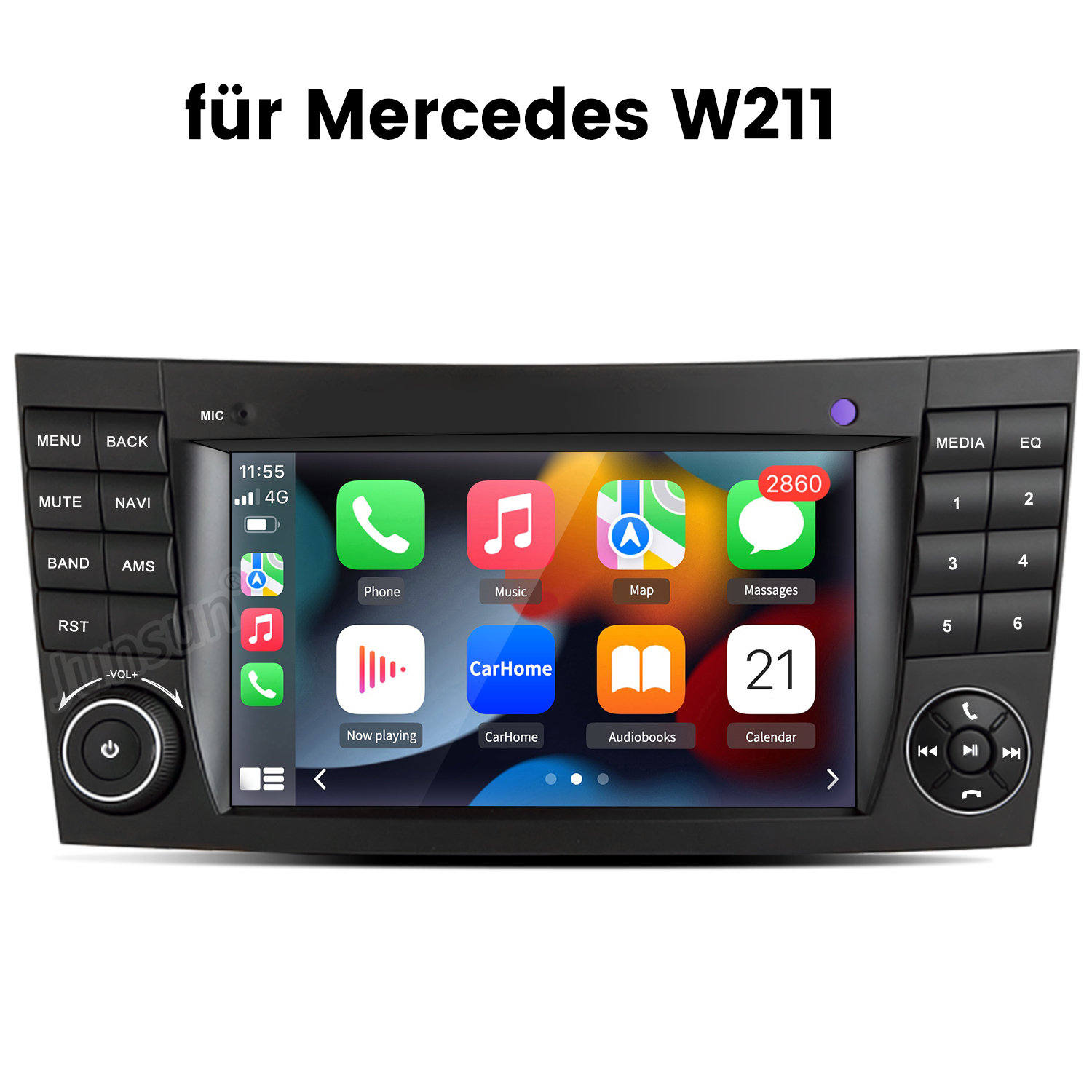 Autoradio mit Touchscreen, der App-Symbole anzeigt. Zu den Tasten gehören Menü, Stummschaltung und Medien. Oben steht 'für Mercedes W211'.
