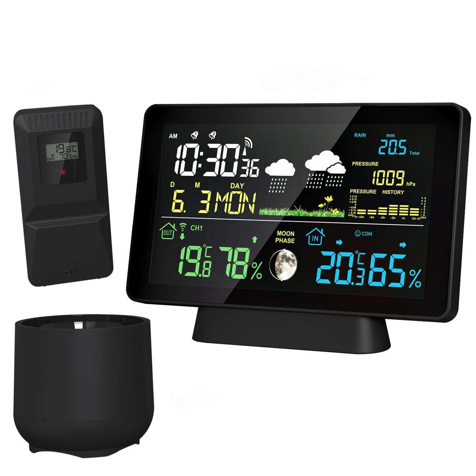 Eine Wetterstation zeigt Zeit, Datum und Wetterdaten an. Sie hat einen separaten Sensor und eine kleine, schwarze zylindrische Basis.