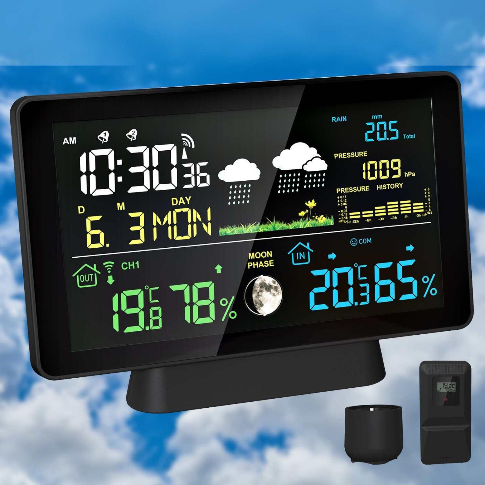 Eine Wetterstation zeigt Zeit, Datum, Temperatur, Luftfeuchtigkeit, Druck und Regen auf einem schwarzen Bildschirm an. Ein blauer Himmel ist im Hintergrund.