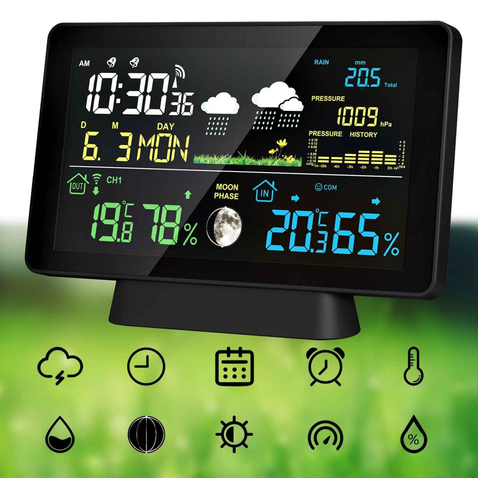 Wetterstation mit Anzeige von Zeit, Datum, Temperatur, Luftfeuchtigkeit und Wetterbedingungen mit Symbolen und numerischen Daten.
